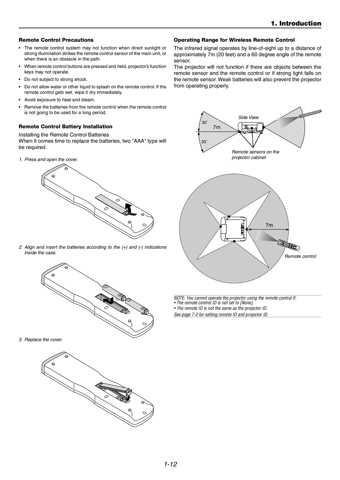 Dukane 9060 Remote Control Precautions, Remote Control Battery Installation, Operating Range for Wireless Remote Control 