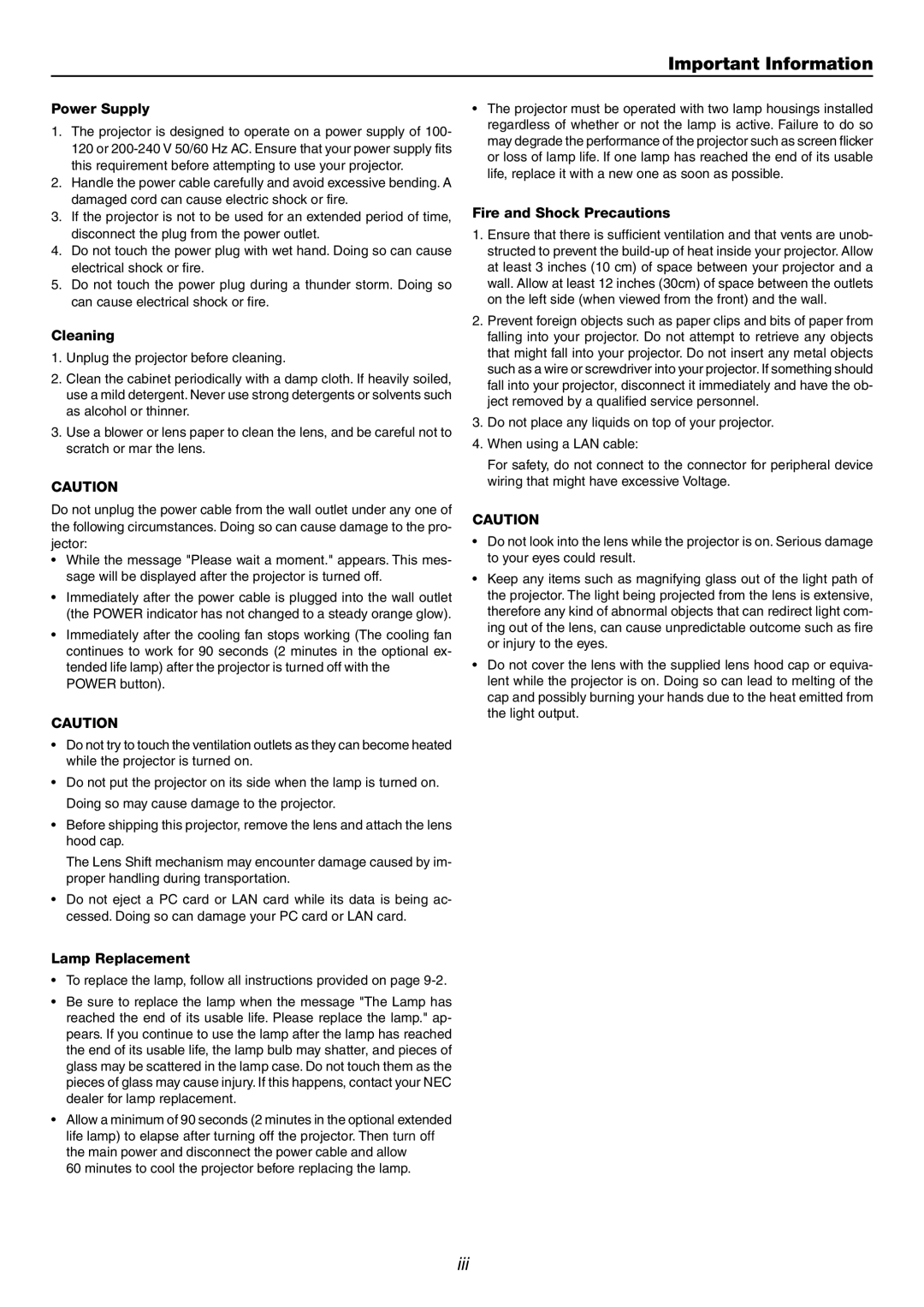 Dukane 9060 user manual Important Information, Power Supply, Cleaning, Lamp Replacement, Fire and Shock Precautions 