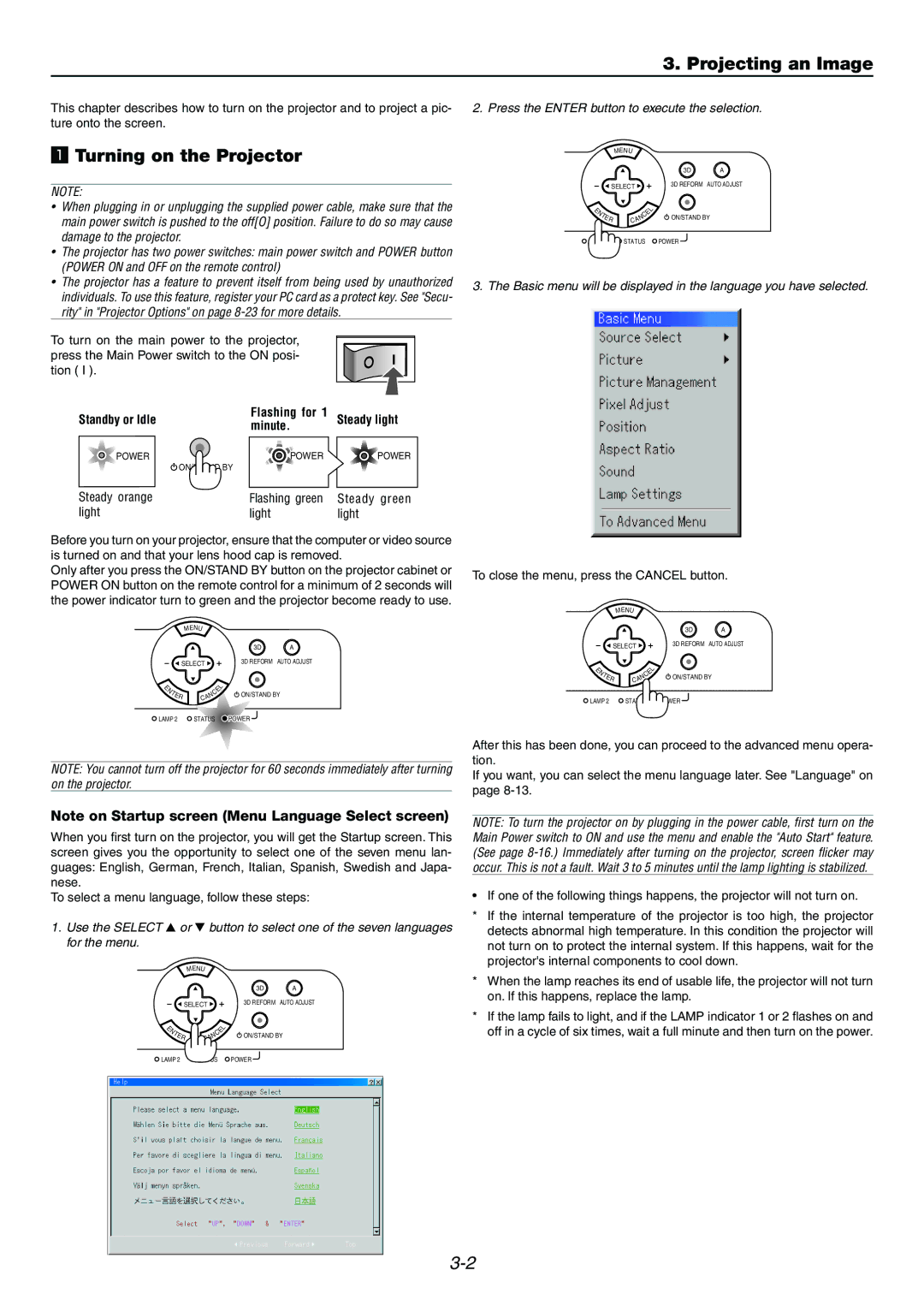 Dukane 9060 user manual Projecting an Image, Turning on the Projector 