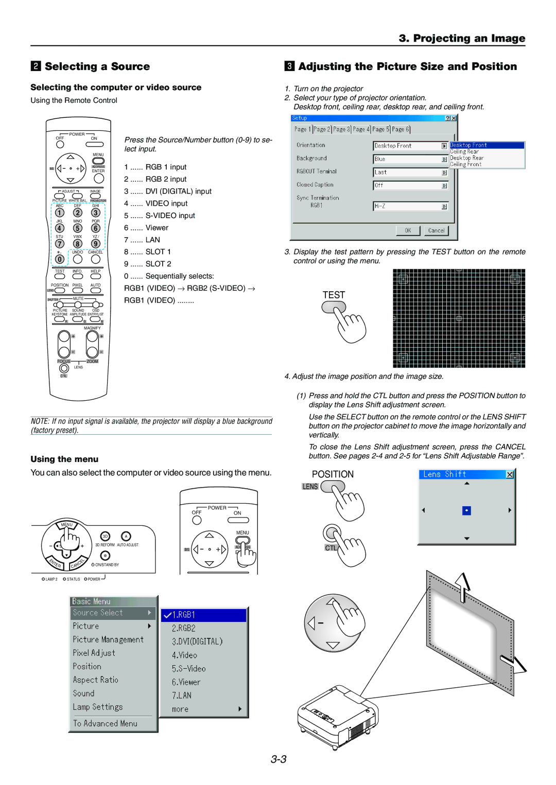 Dukane 9060 user manual Selecting the computer or video source, Using the menu 