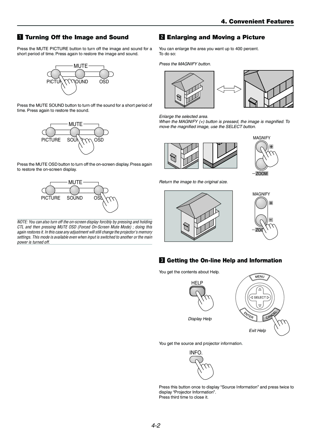 Dukane 9060 user manual Getting the On-line Help and Information, Picture Sound OSD 