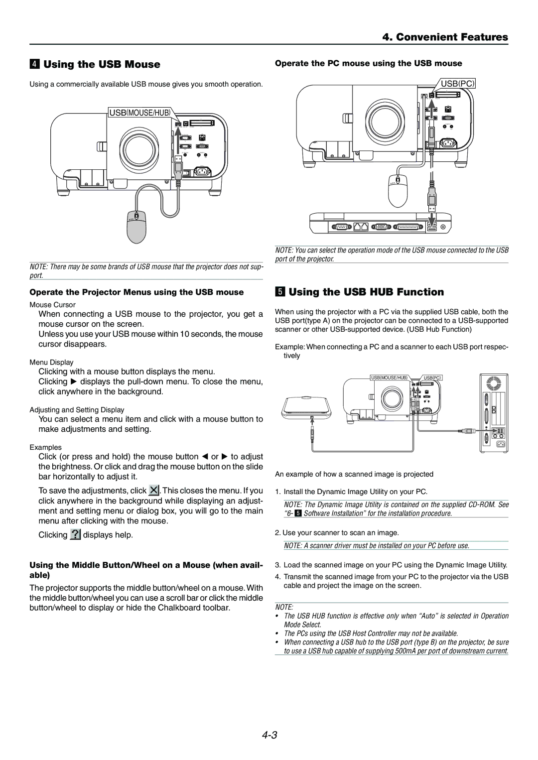 Dukane 9060 Convenient Features Using the USB Mouse, Using the USB HUB Function, Operate the PC mouse using the USB mouse 