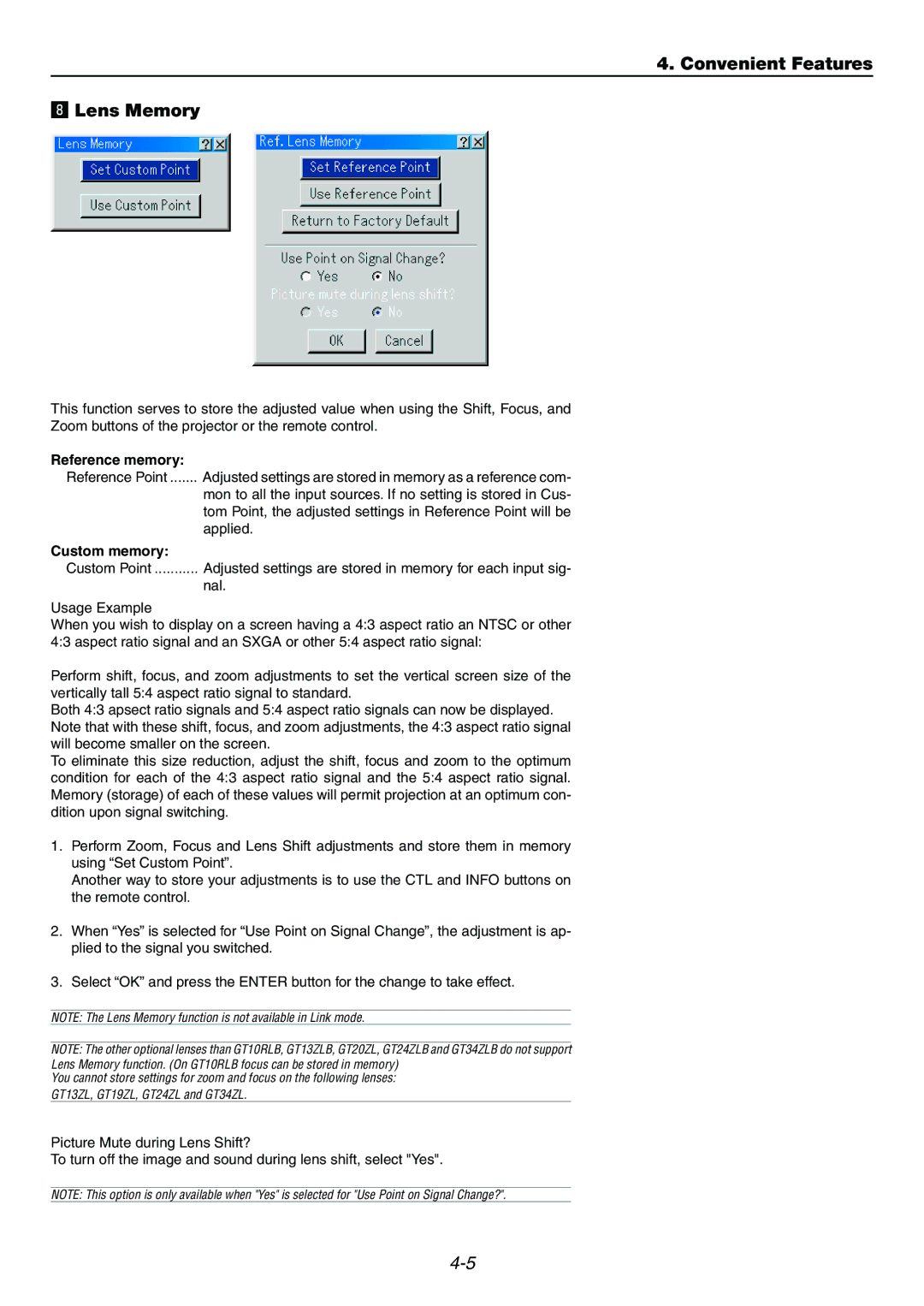 Dukane 9060 user manual Convenient Features Lens Memory, Reference memory, Custom memory 