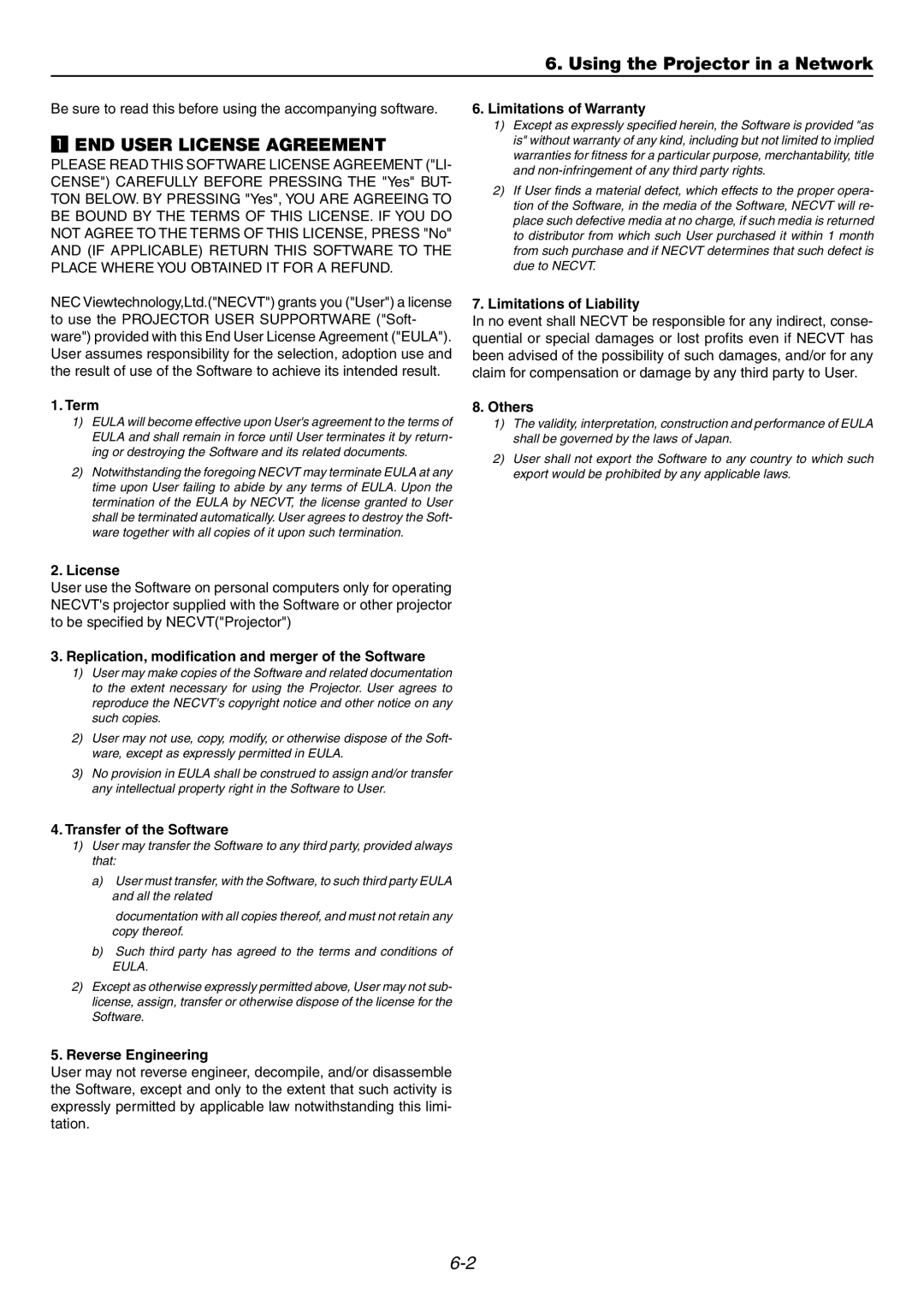 Dukane 9060 user manual Using the Projector in a Network, END User License Agreement 