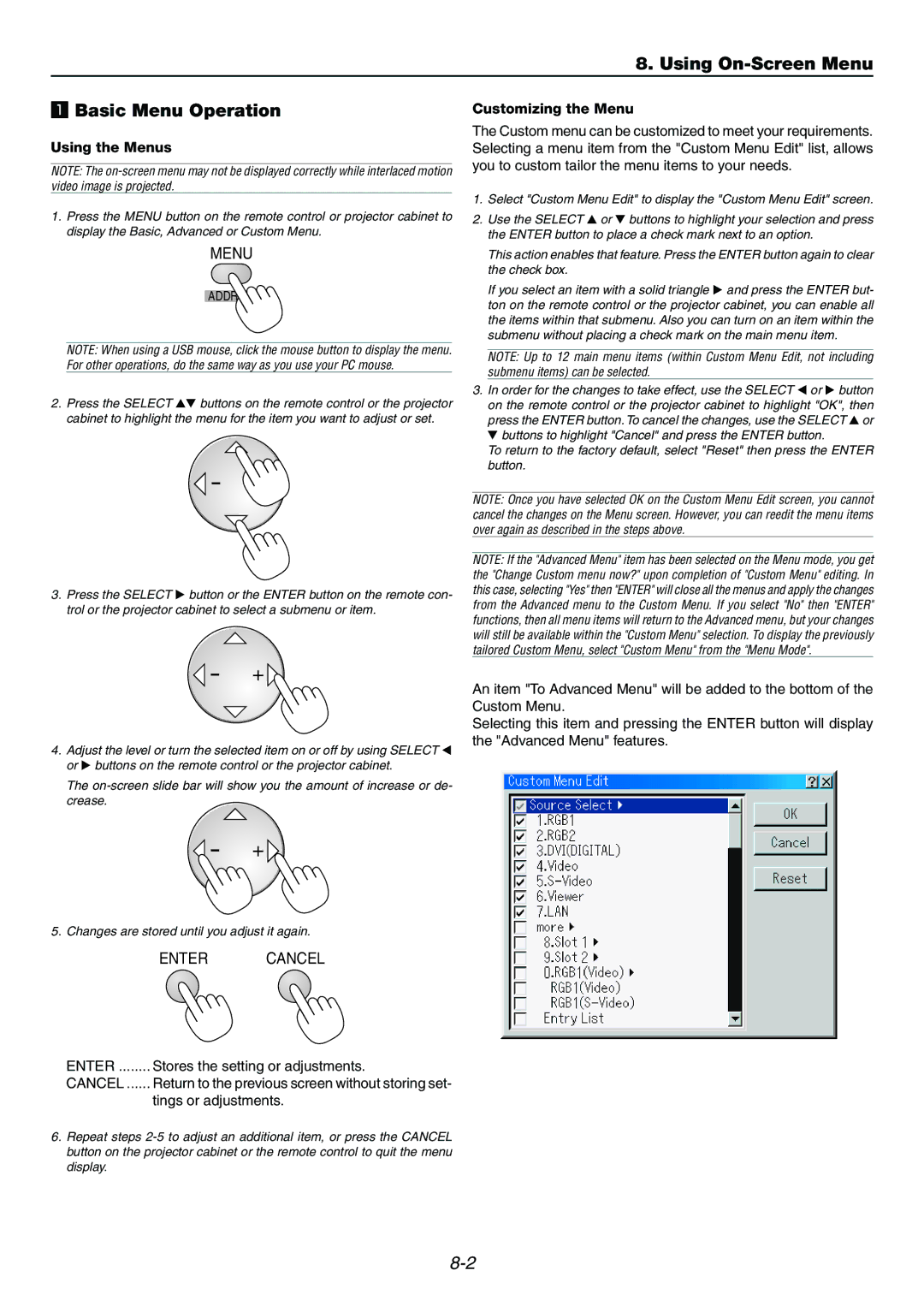 Dukane 9060 user manual Using On-Screen Menu Basic Menu Operation, Using the Menus, Stores the setting or adjustments 