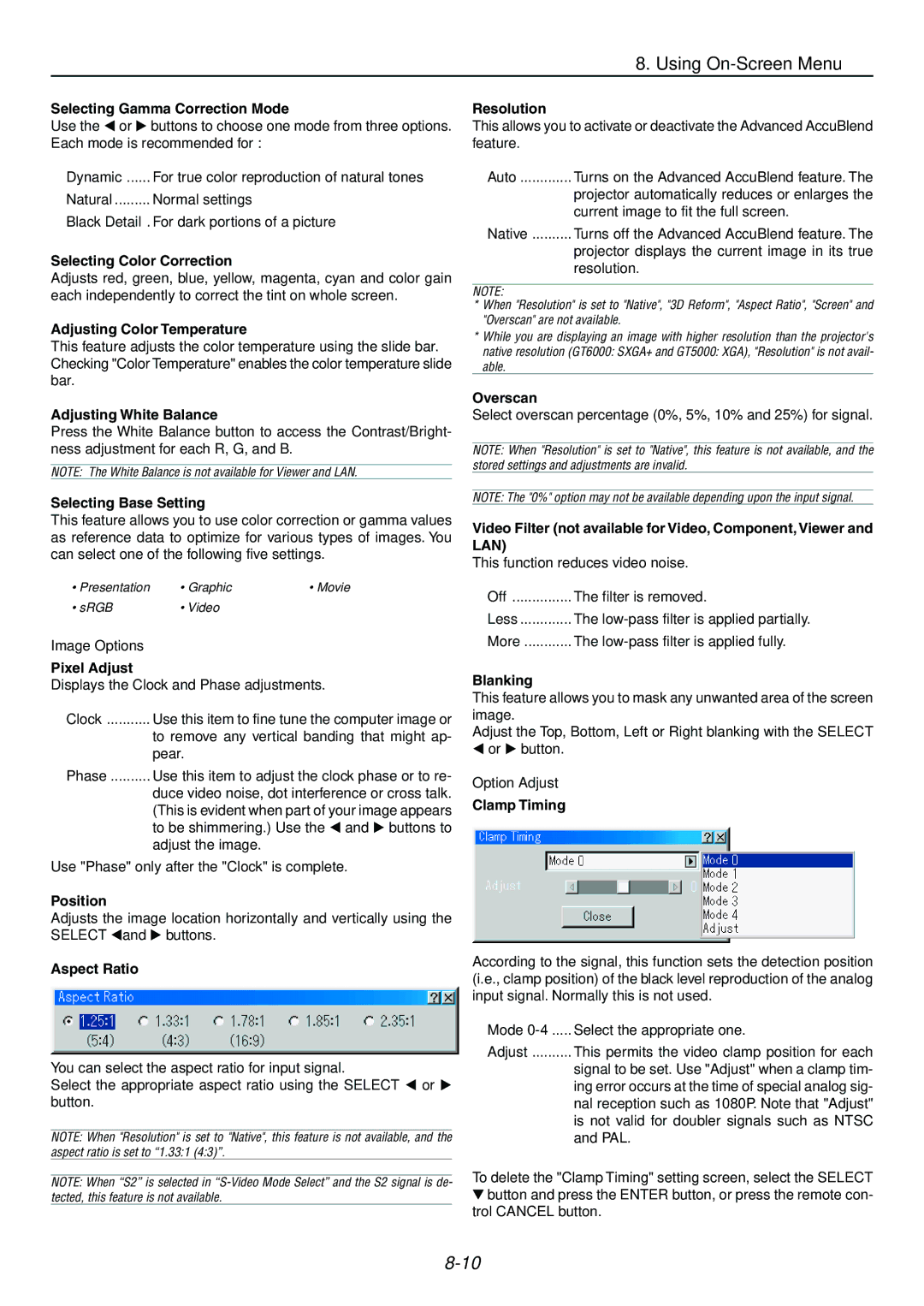 Dukane 9060 Selecting Gamma Correction Mode, Selecting Color Correction, Adjusting Color Temperature, Position, Overscan 