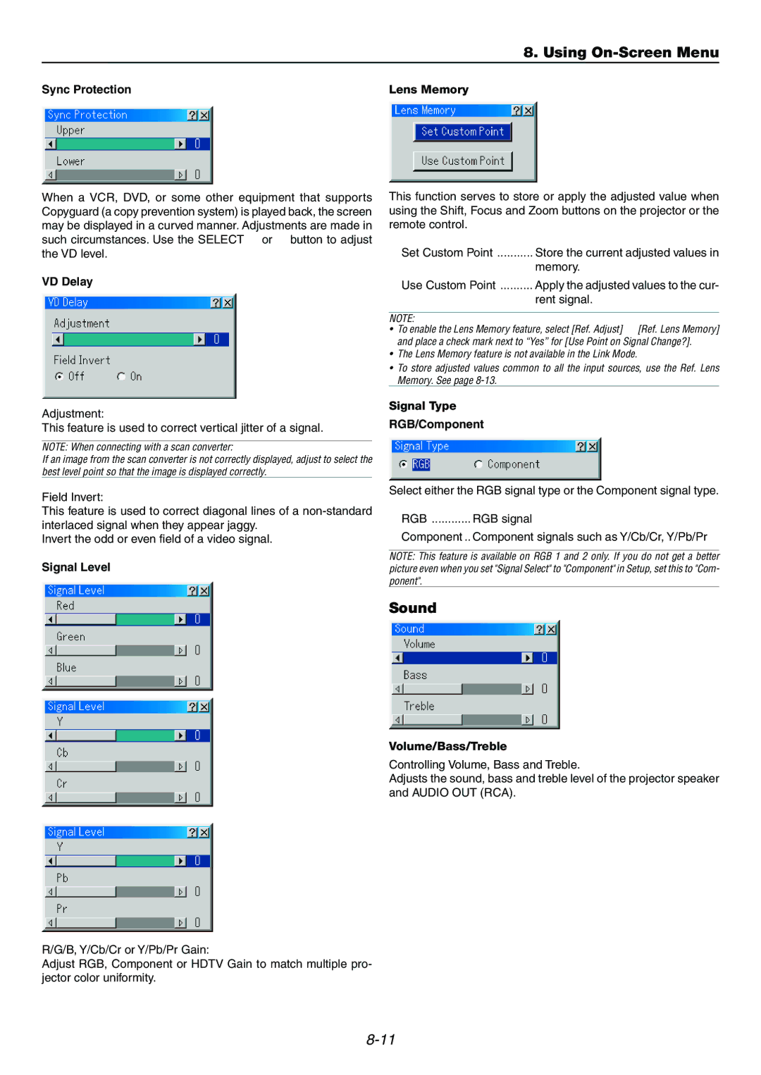 Dukane 9060 user manual Sound, Sync Protection, VD Delay, Signal Level 