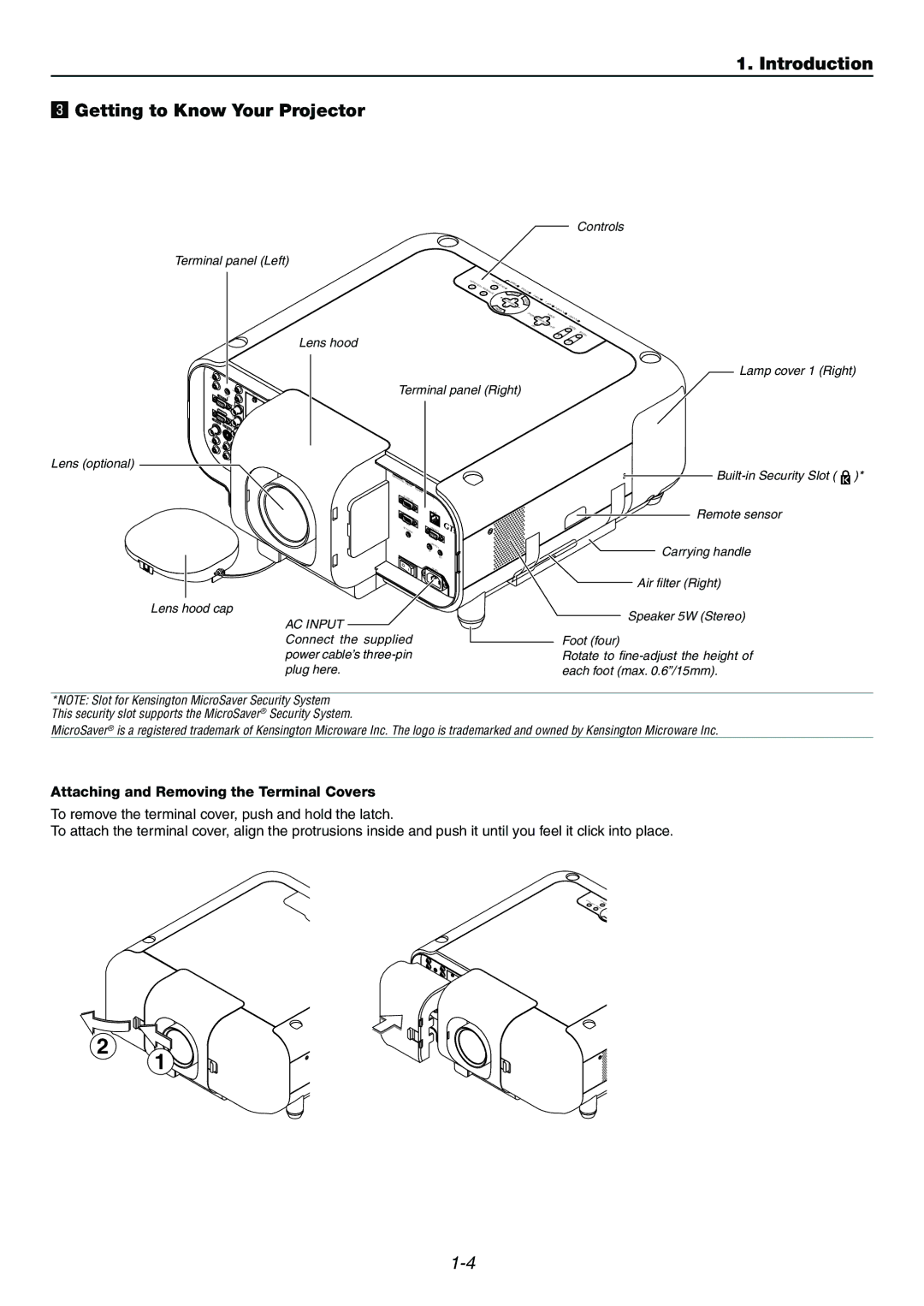 Dukane 9060 user manual Introduction Getting to Know Your Projector, Attaching and Removing the Terminal Covers 