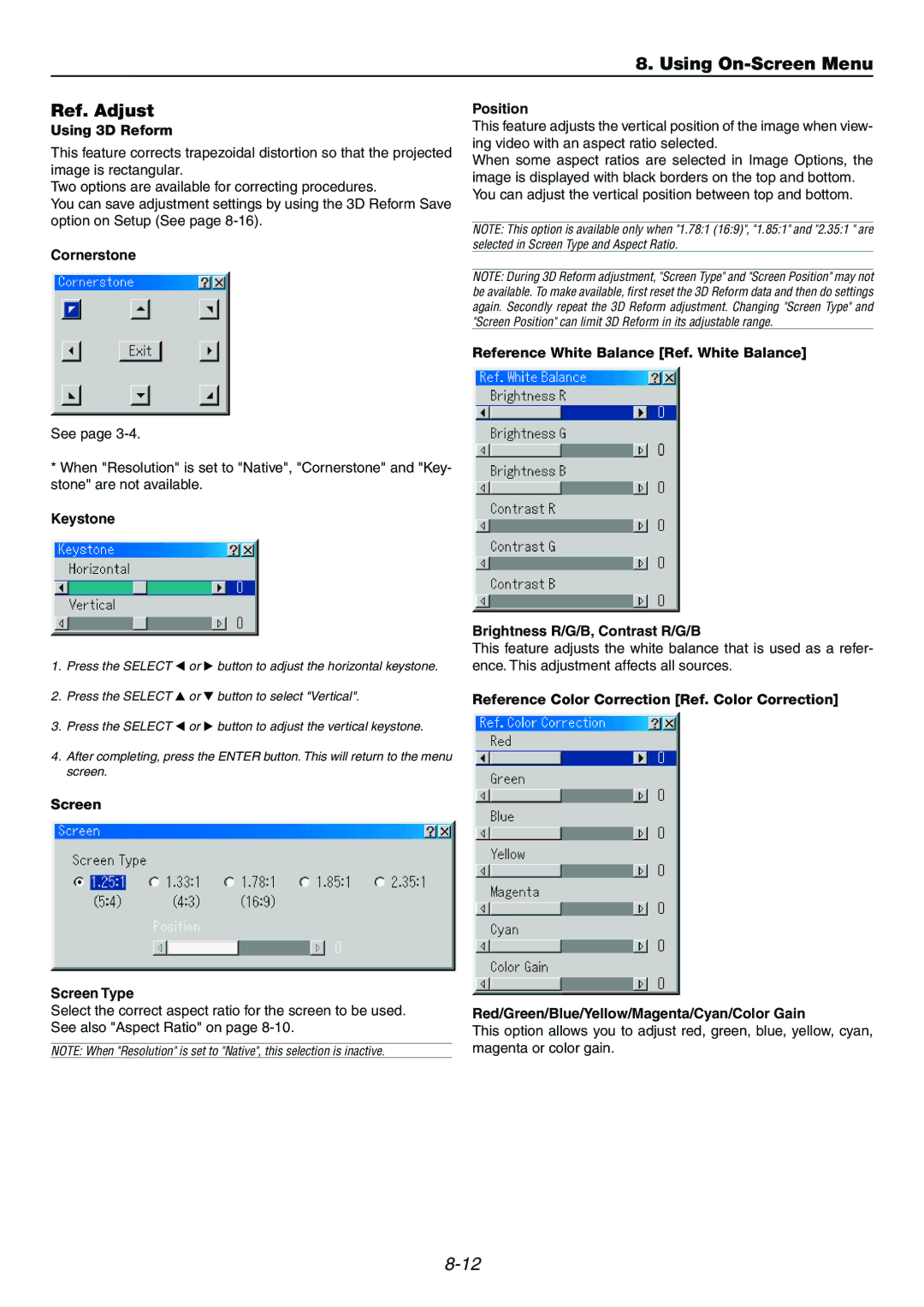 Dukane 9060 user manual Using On-Screen Menu Ref. Adjust, Cornerstone, Keystone Position, Brightness R/G/B, Contrast R/G/B 