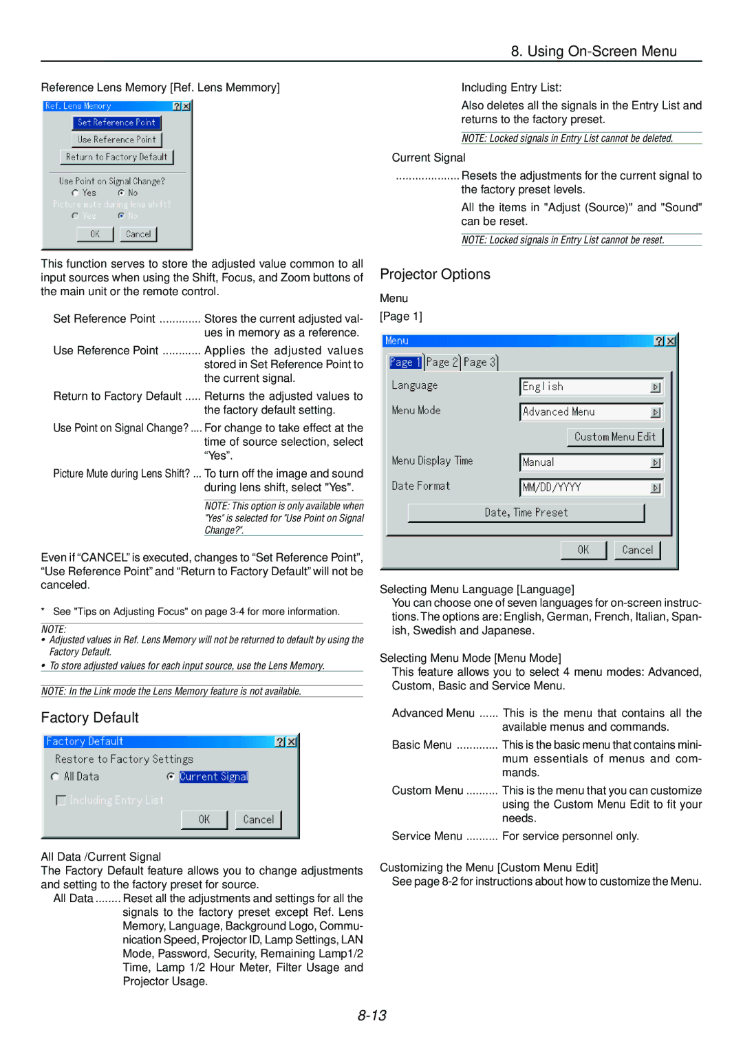 Dukane 9060 user manual Factory Default, Projector Options, All Data /Current Signal, Menu 