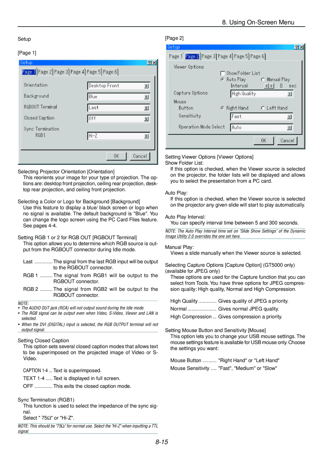 Dukane 9060 user manual Setup, Off, Setting Viewer Options Viewer Options, Setting Mouse Button and Sensitivity Mouse 