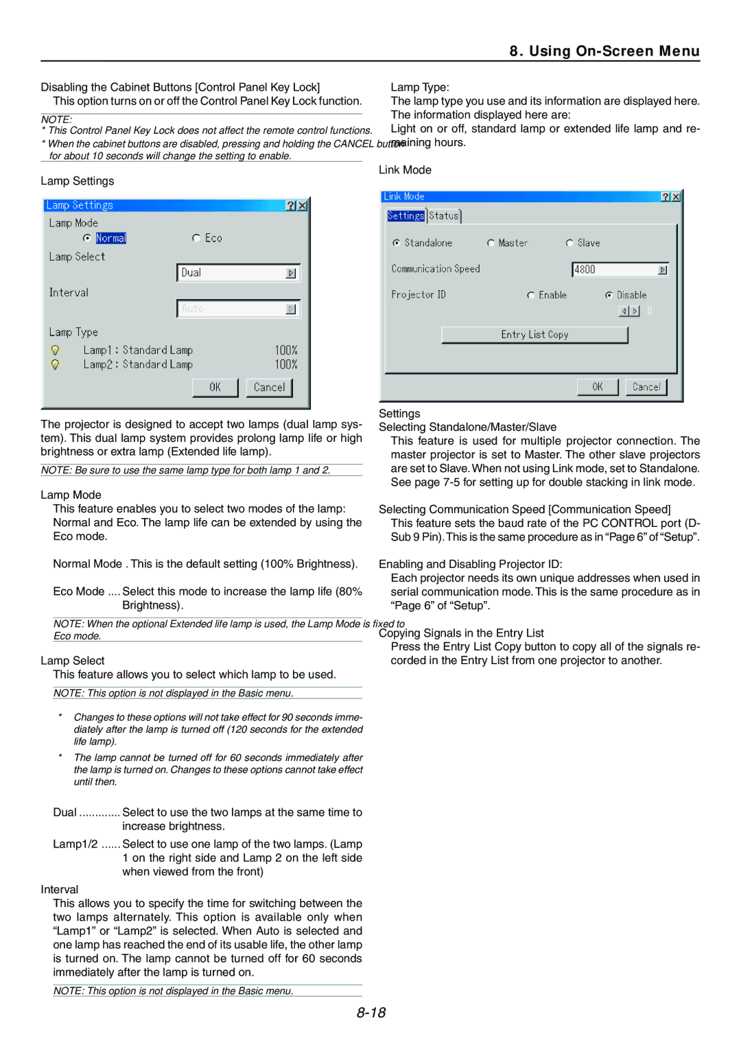 Dukane 9060 user manual Lamp Settings, Link Mode 