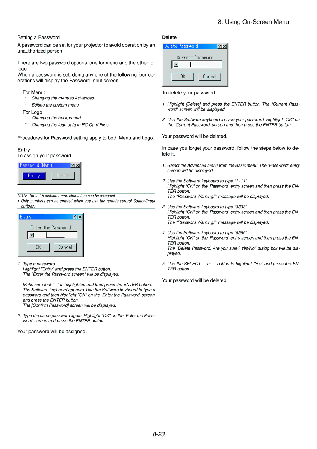 Dukane 9060 user manual Setting a Password, Delete, Entry 