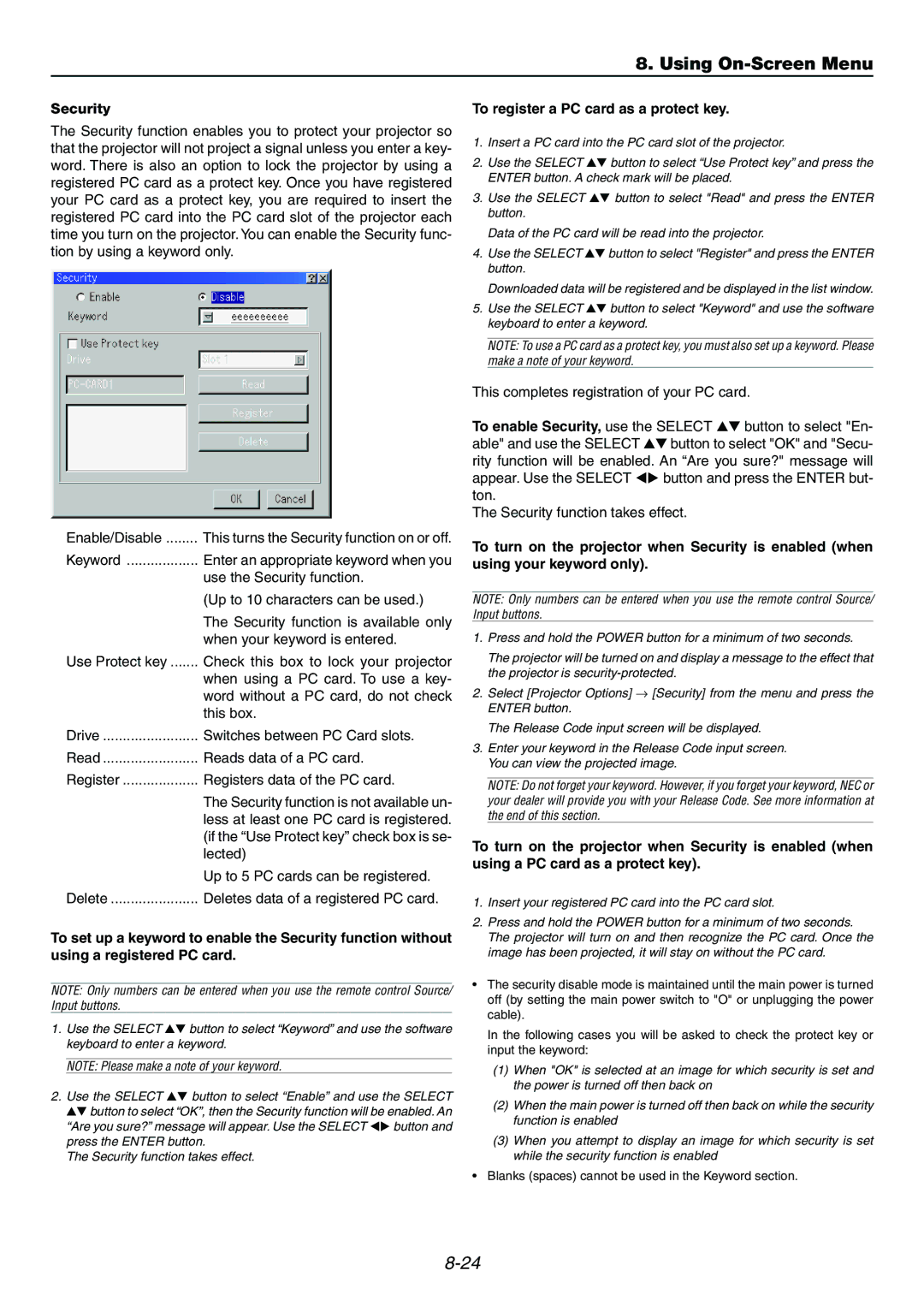 Dukane 9060 user manual Security, To register a PC card as a protect key 