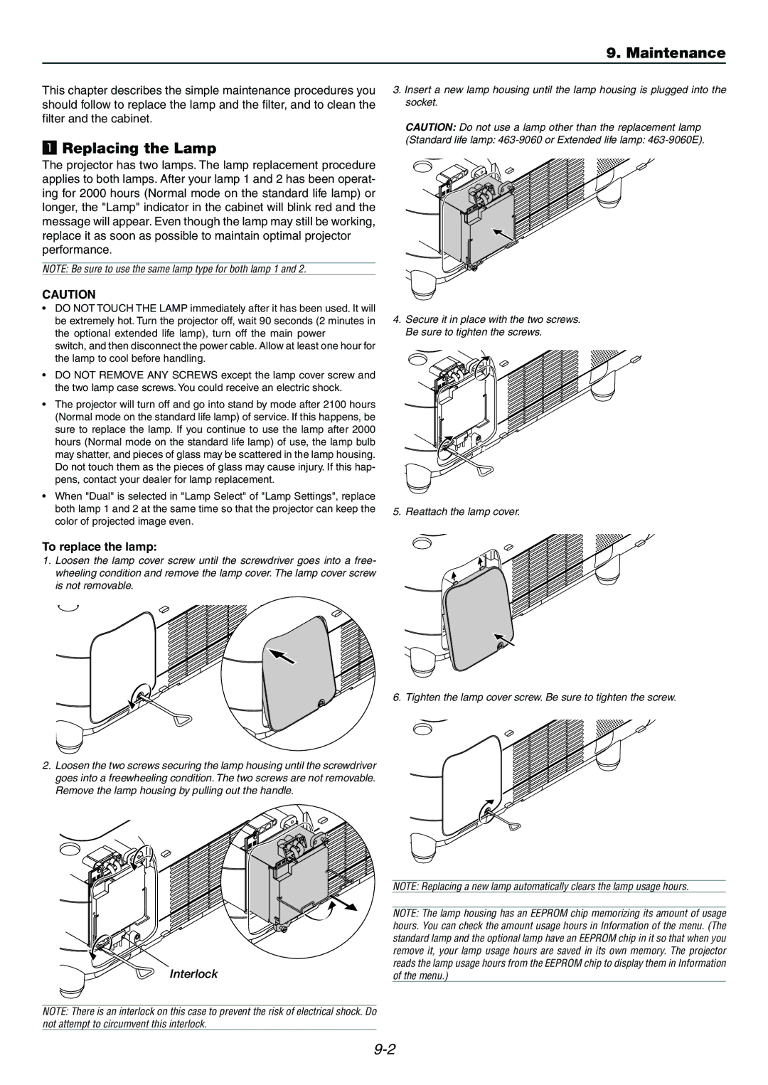 Dukane 9060 user manual Maintenance, Replacing the Lamp, To replace the lamp 