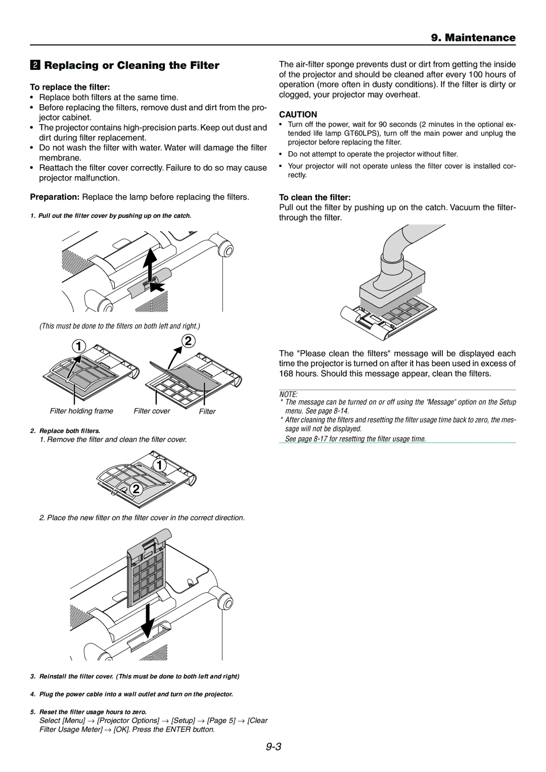 Dukane 9060 user manual Maintenance Replacing or Cleaning the Filter, To replace the filter, To clean the filter 