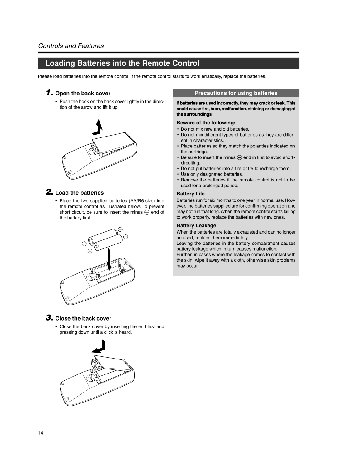 Dukane 9100HC Loading Batteries into the Remote Control, Open the back cover, Load the batteries, Close the back cover 