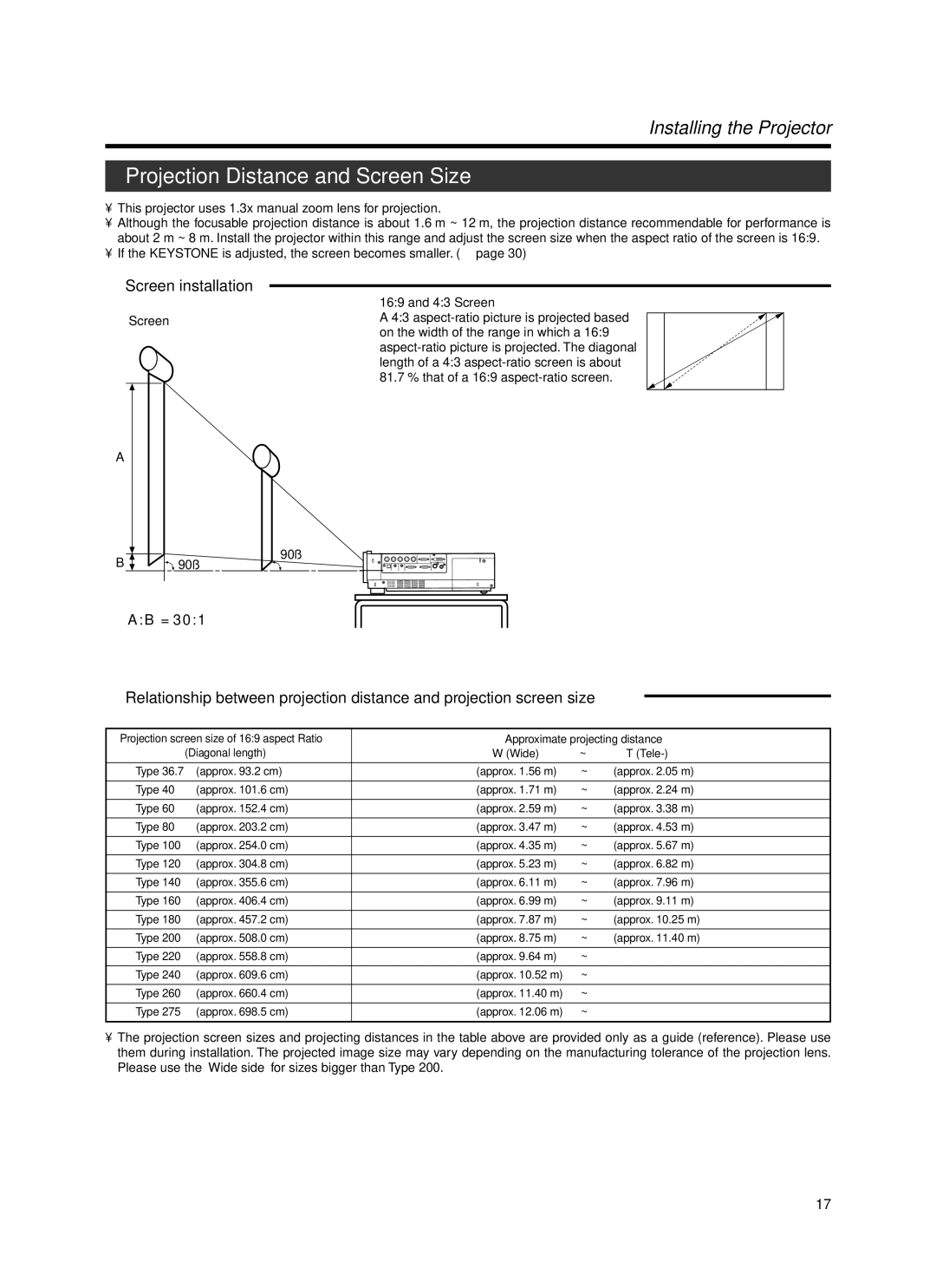 Dukane 9100HC manual Projection Distance and Screen Size, Screen installation 