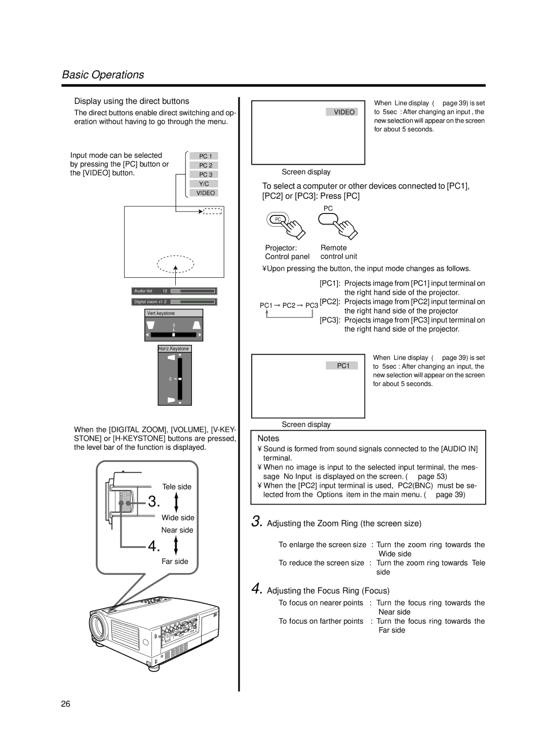 Dukane 9100HC manual Basic Operations,  Display using the direct buttons, Adjusting the Zoom Ring the screen size 