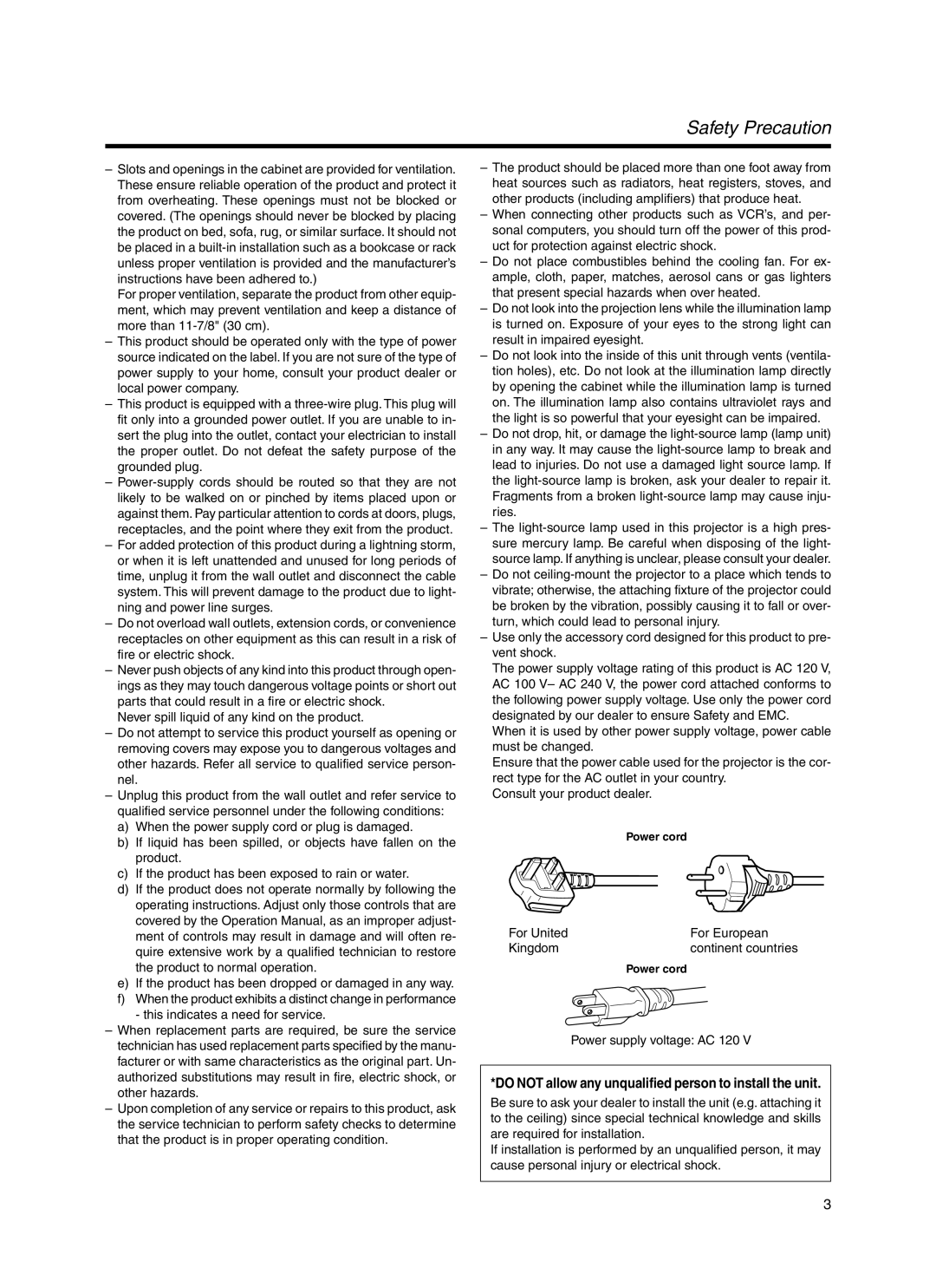 Dukane 9100HC Safety Precaution, Do not allow any unqualified person to install the unit, For United For European Kingdom 