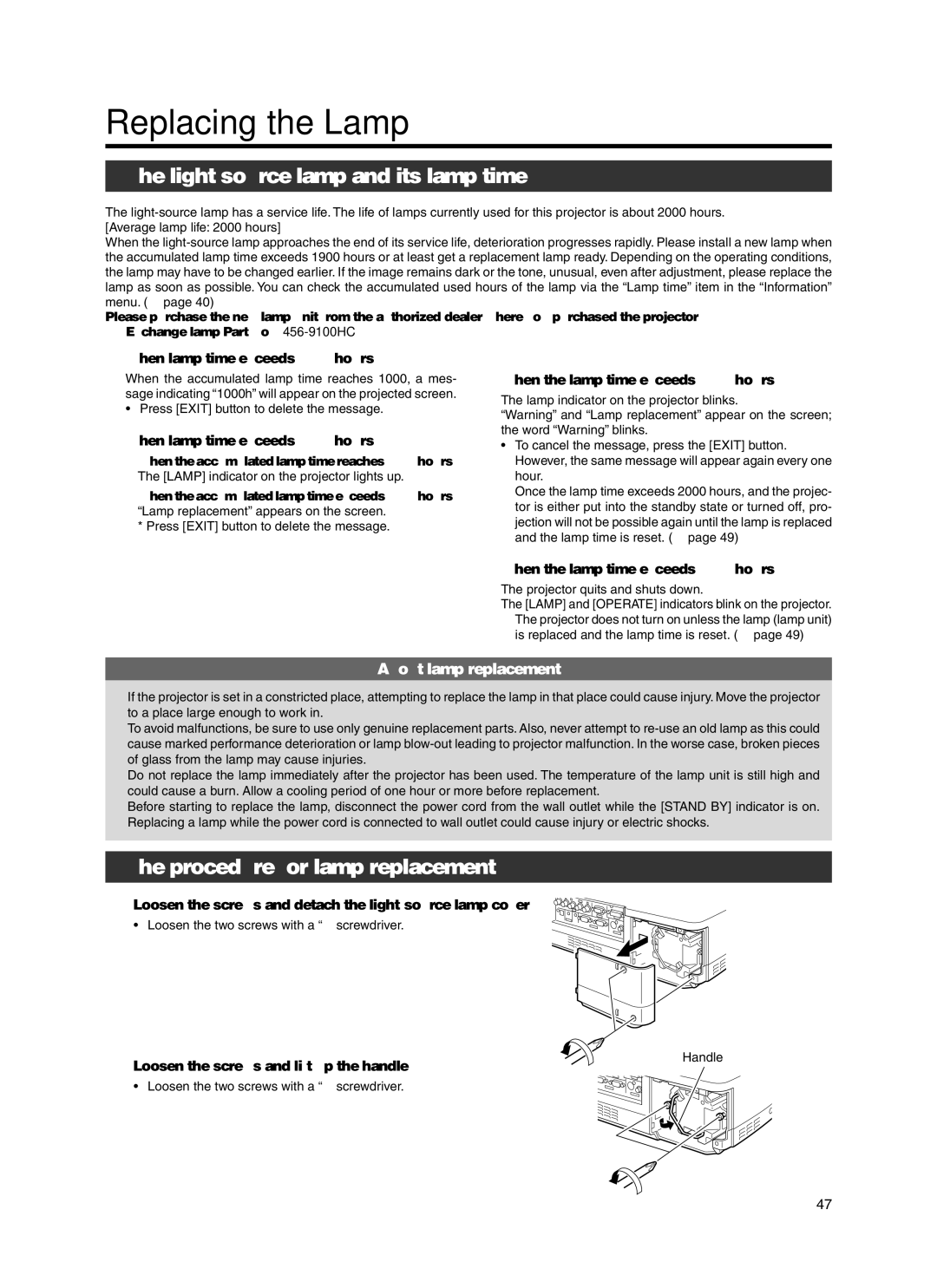 Dukane 9100HC manual Replacing the Lamp, Light source lamp and its lamp time, Procedure for lamp replacement 