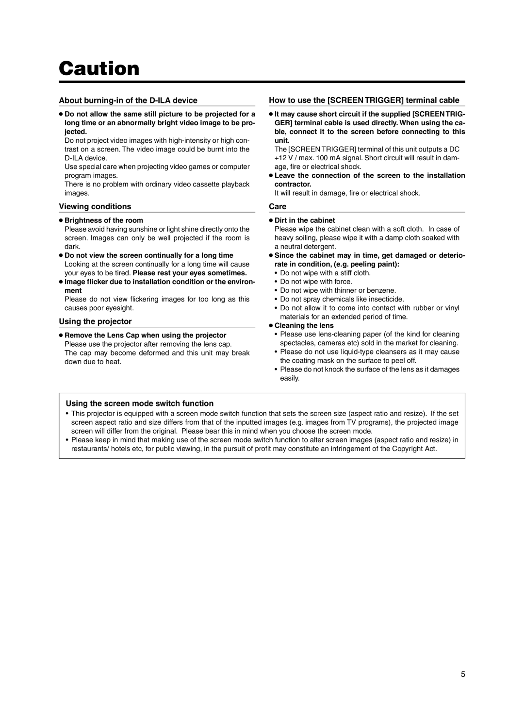 Dukane 9100HC manual About burning-in of the D-ILA device, Viewing conditions, Using the projector, Care 