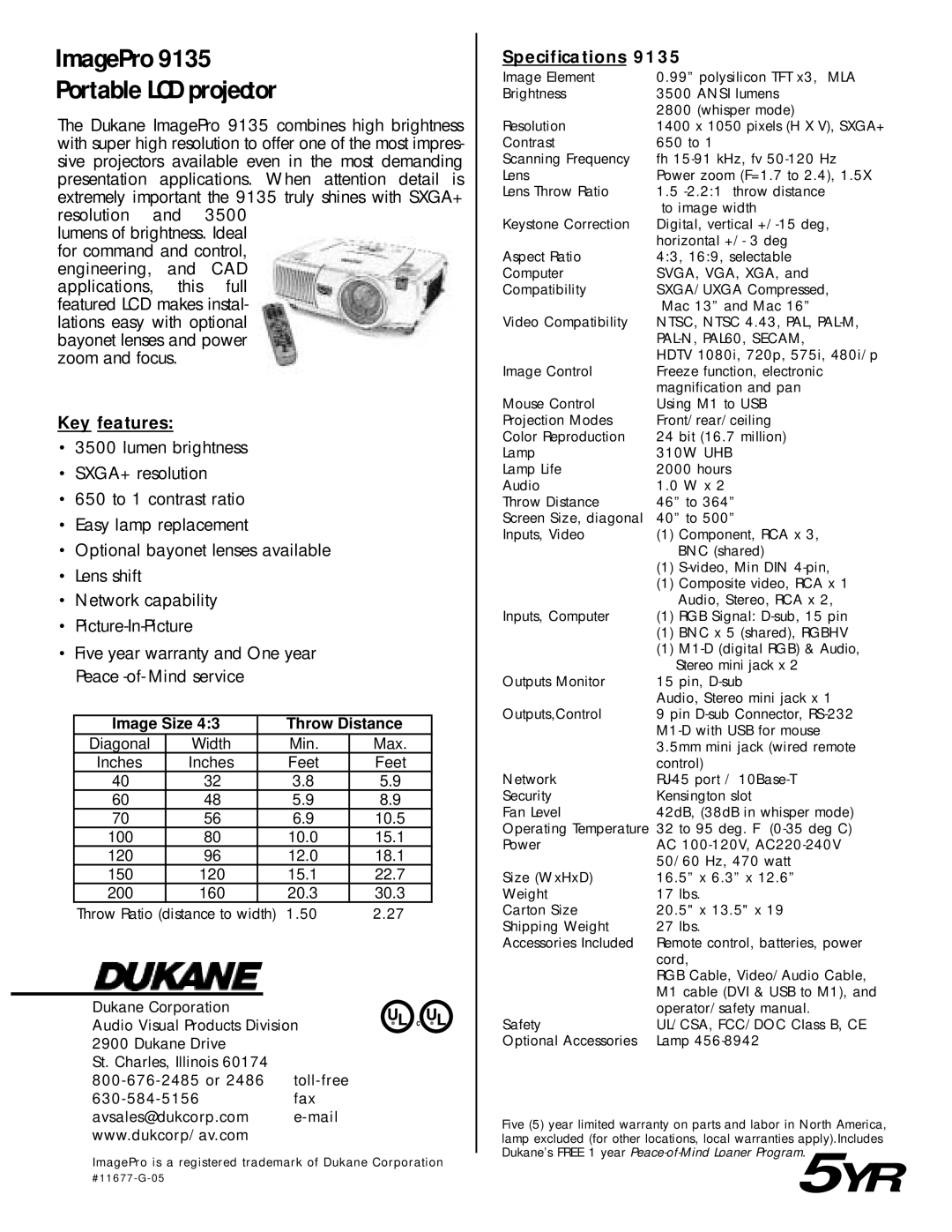 Dukane 9135 warranty ImagePro Portable LCD projector, Key features, Specifications, Image Size Throw Distance 