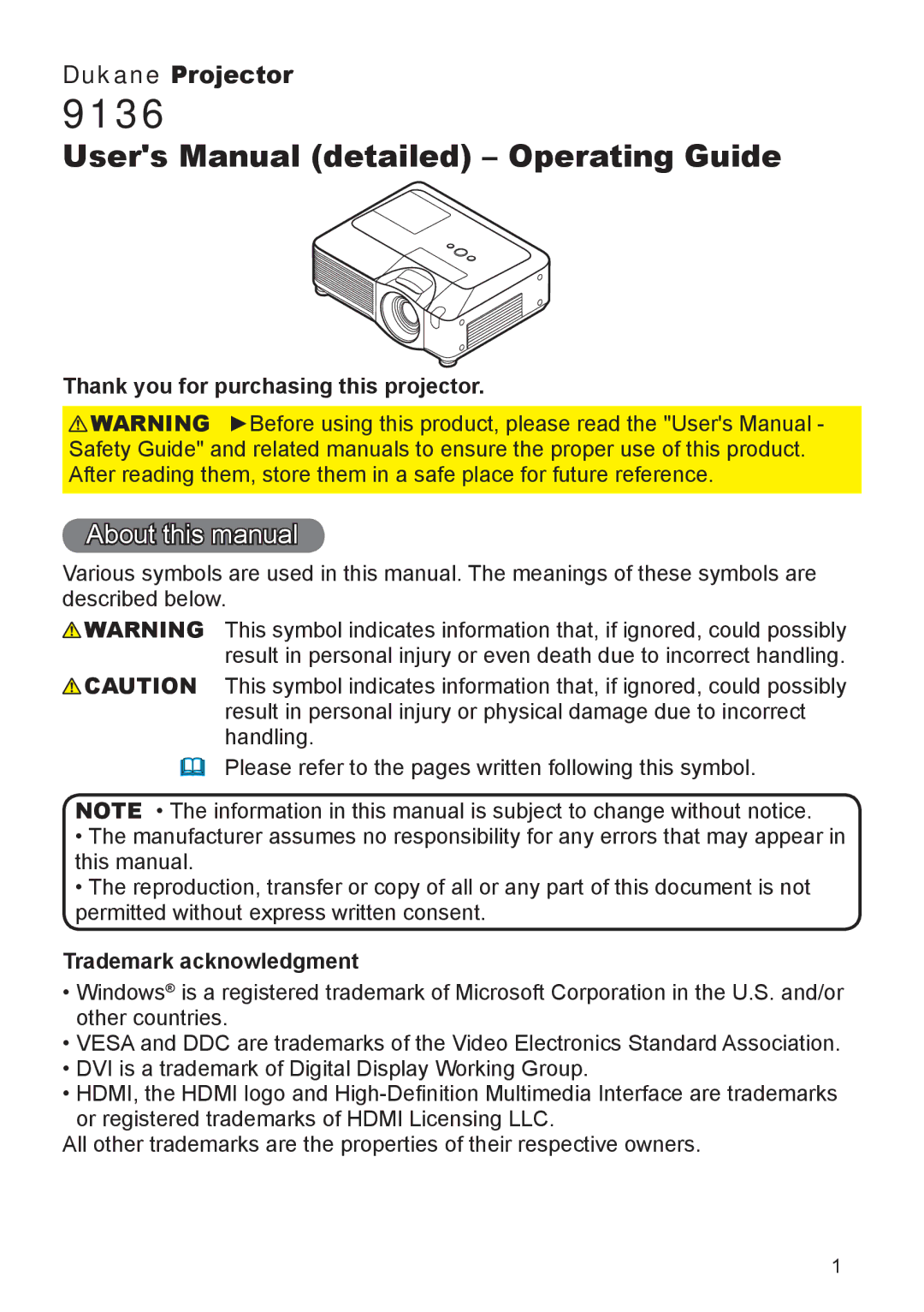 Dukane 9136 user manual About this manual, Thank you for purchasing this projector, Trademark acknowledgment 