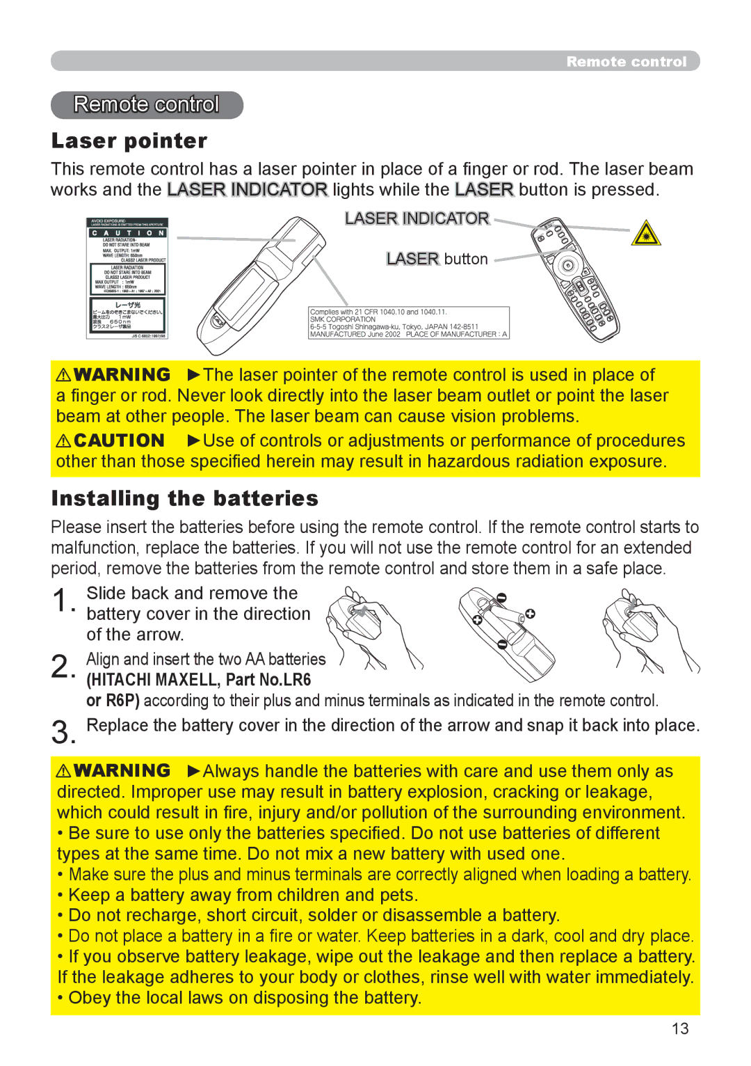 Dukane 9136 user manual Remote control, Laser pointer, Installing the batteries, Hitachi MAXELL, Part No.LR6, Laser button 