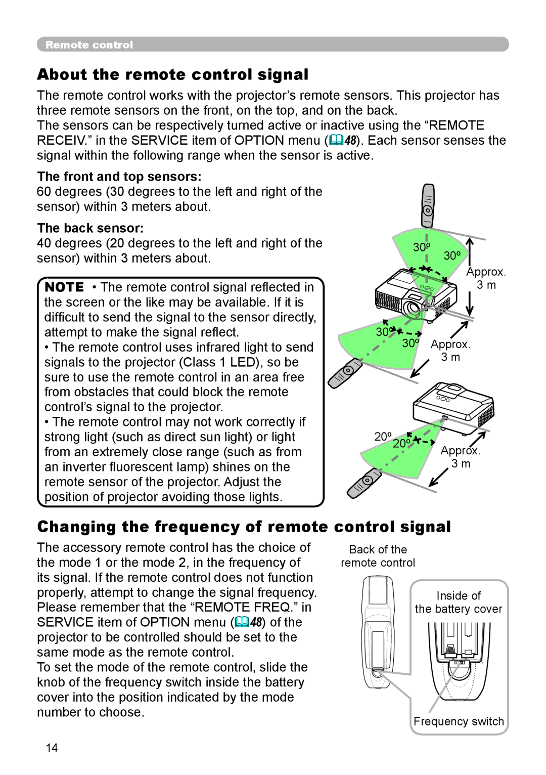 Dukane 9136 About the remote control signal, Changing the frequency of remote control signal, Front and top sensors 