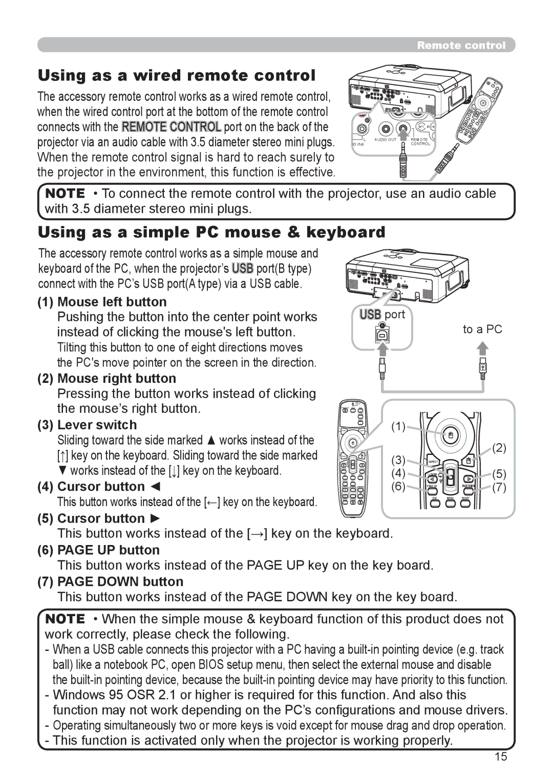 Dukane 9136 user manual Using as a wired remote control, Using as a simple PC mouse & keyboard 