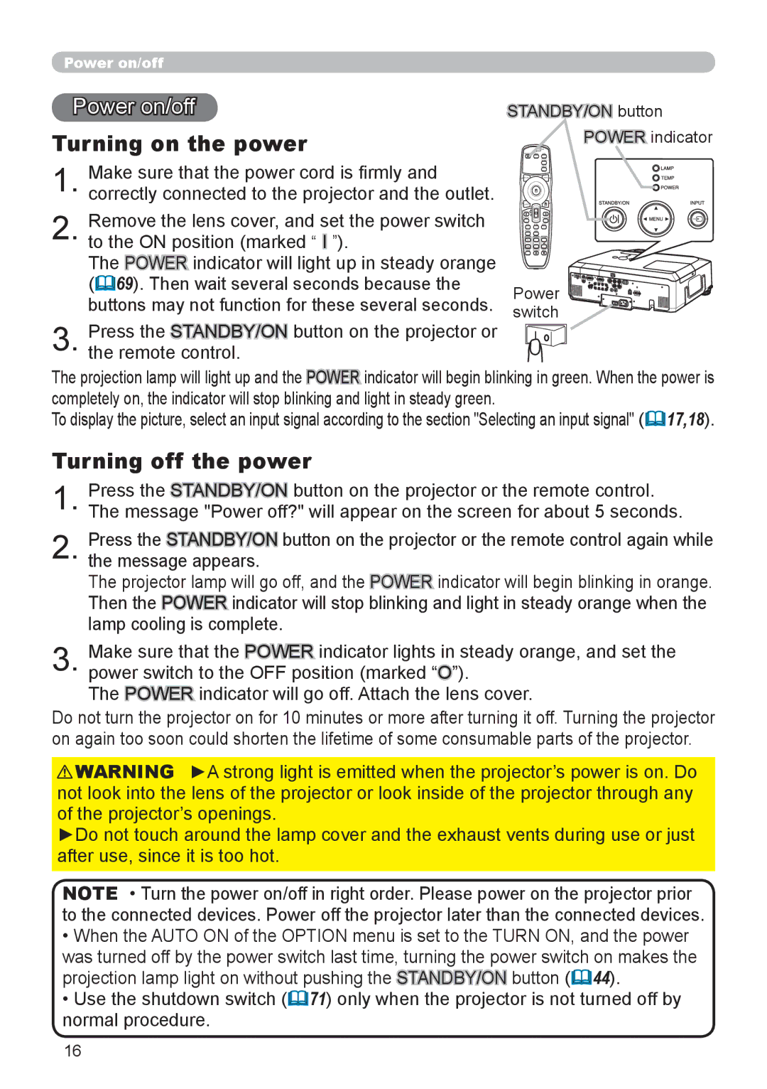 Dukane 9136 Power on/off, Turning on the power, Turning off the power, STANDBY/ON button Power indicator Power switch 