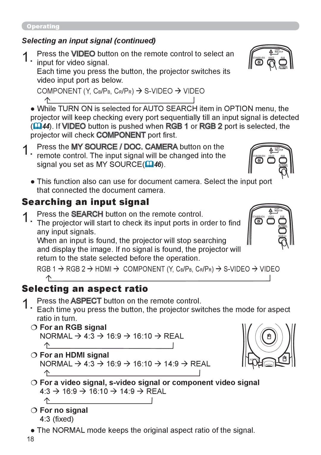 Dukane 9136 user manual Searching an input signal, Selecting an aspect ratio, Selecting an input signal 