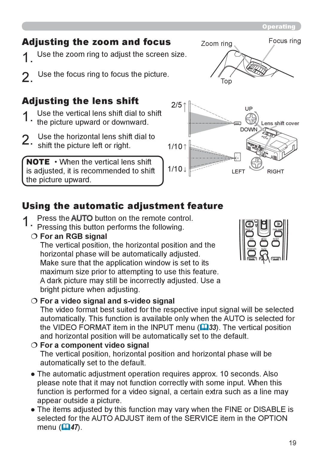 Dukane 9136 user manual Adjusting the zoom and focus, Adjusting the lens shift, Using the automatic adjustment feature 