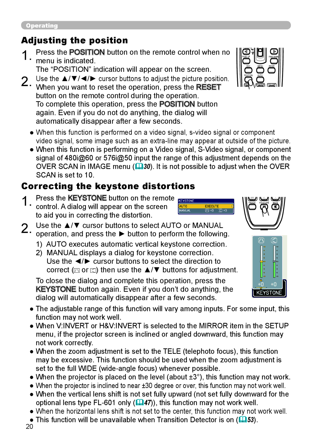 Dukane 9136 user manual Adjusting the position, Correcting the keystone distortions 