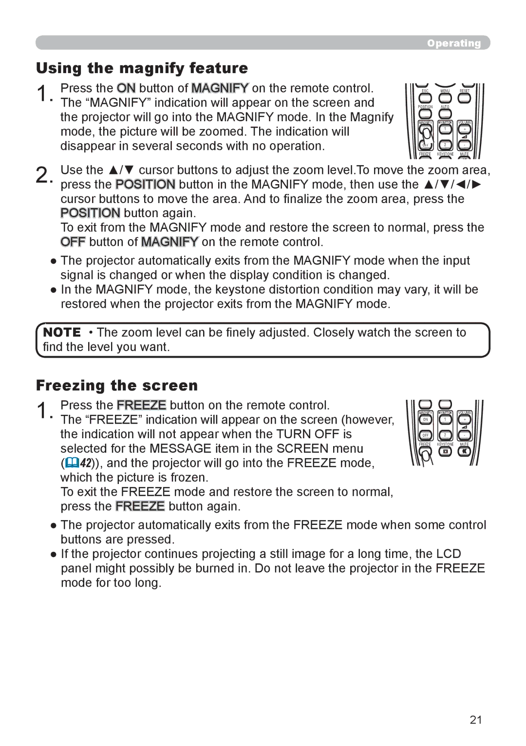 Dukane 9136 user manual Using the magnify feature, Freezing the screen 