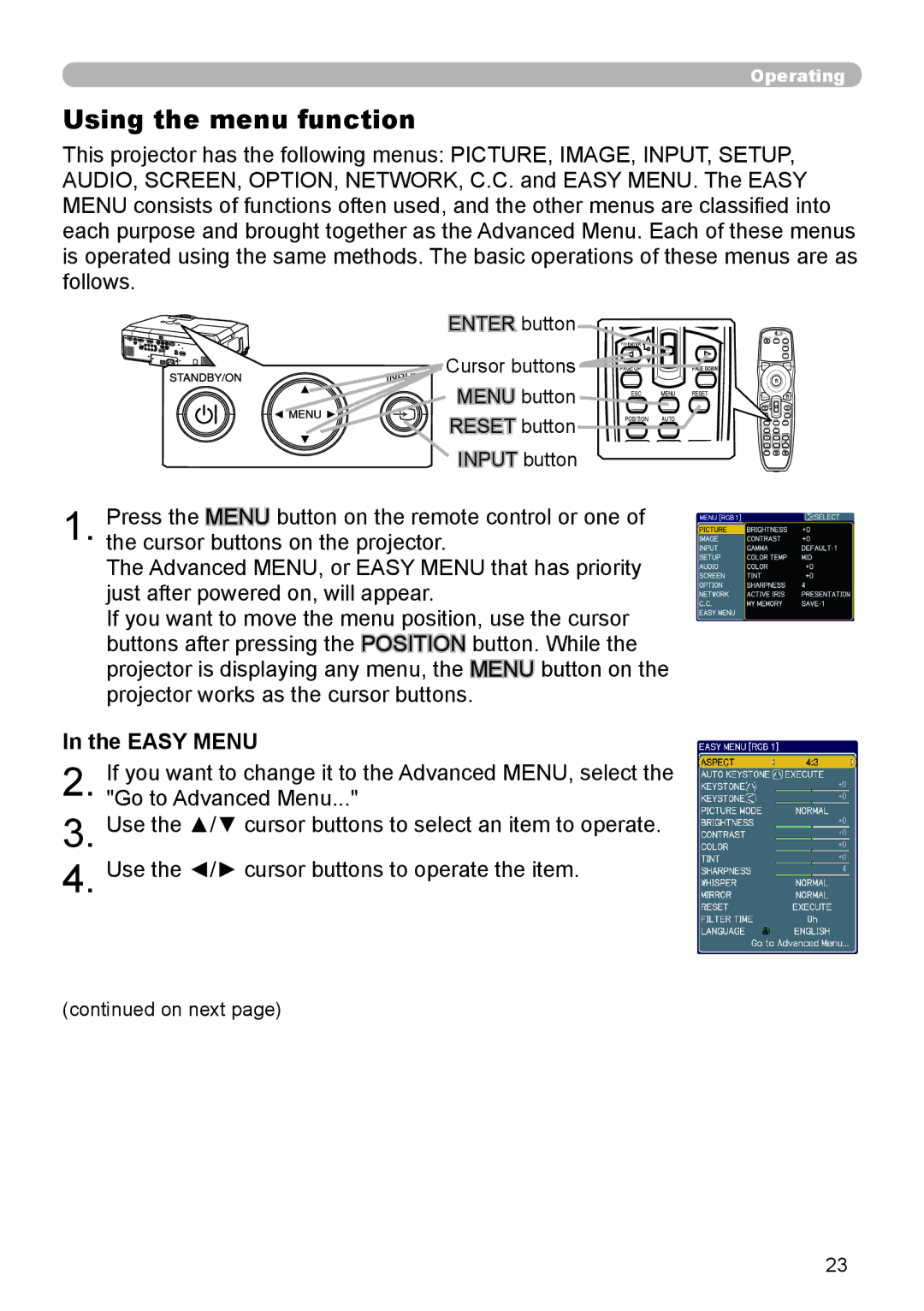 Dukane 9136 user manual Using the menu function, Easy Menu, Enter button 