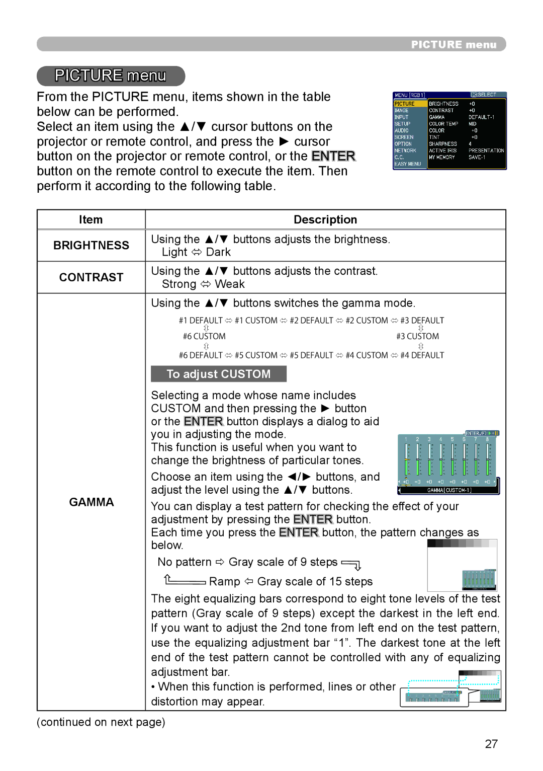 Dukane 9136 user manual Picture menu, Gamma 