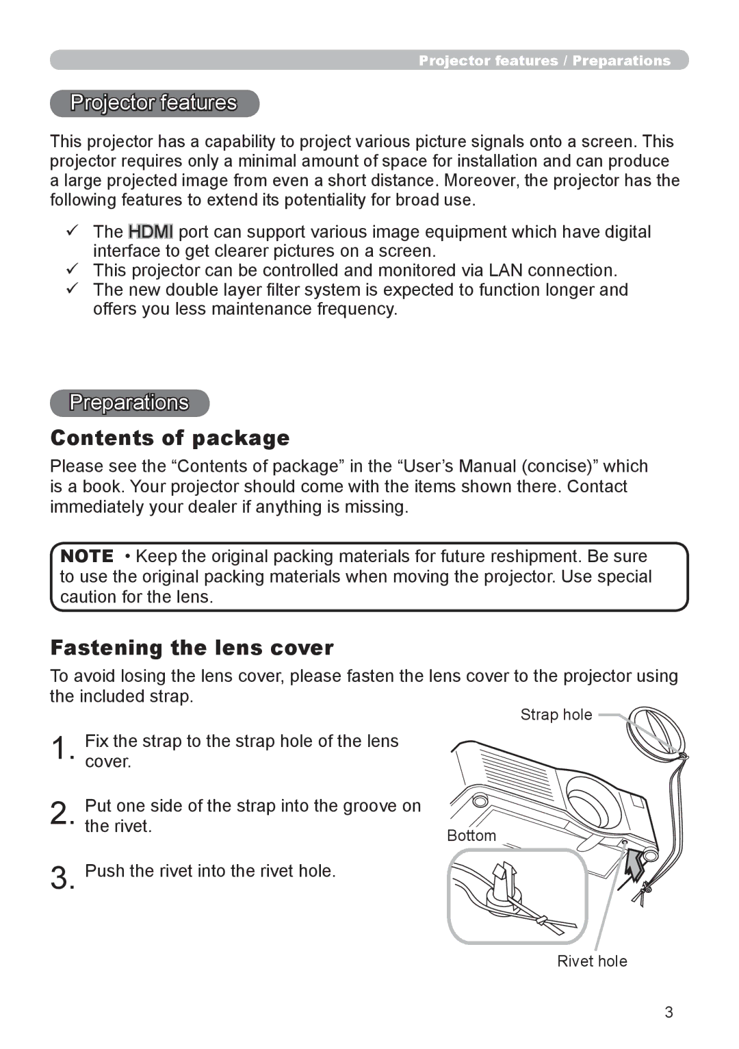 Dukane 9136 user manual Contents of package, Fastening the lens cover 