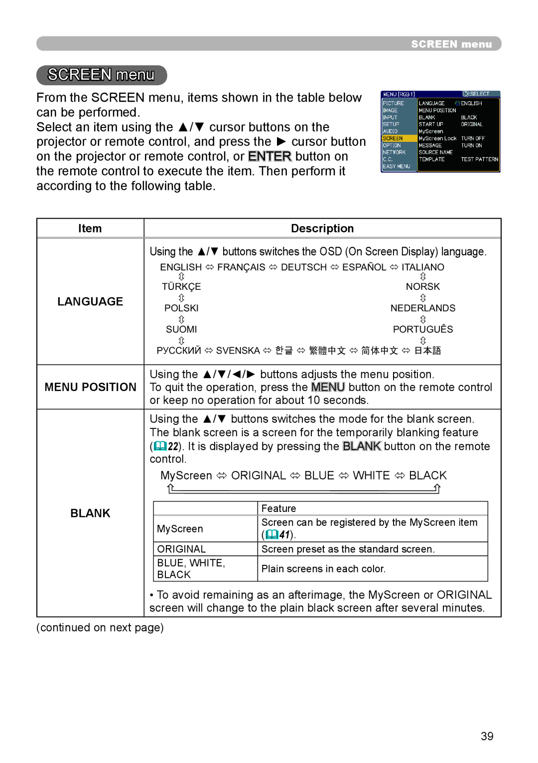 Dukane 9136 user manual Screen menu, Using the /// buttons adjusts the menu position, Blank 