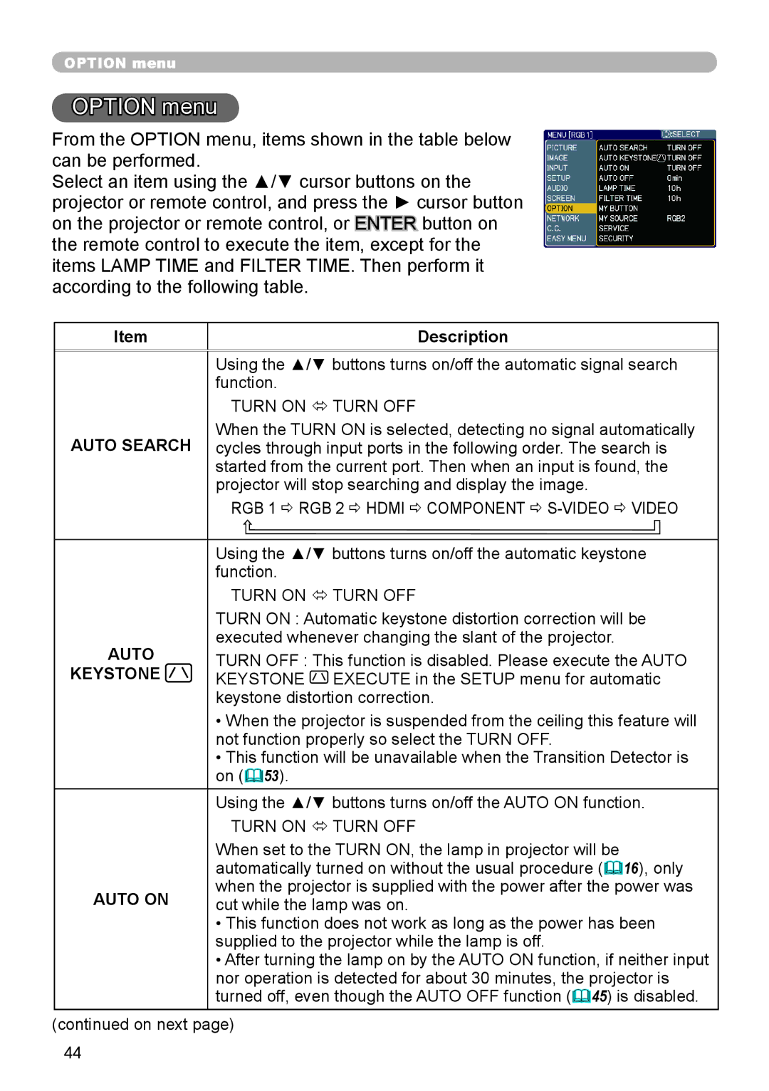 Dukane 9136 user manual Option menu, Auto Search, Auto on 