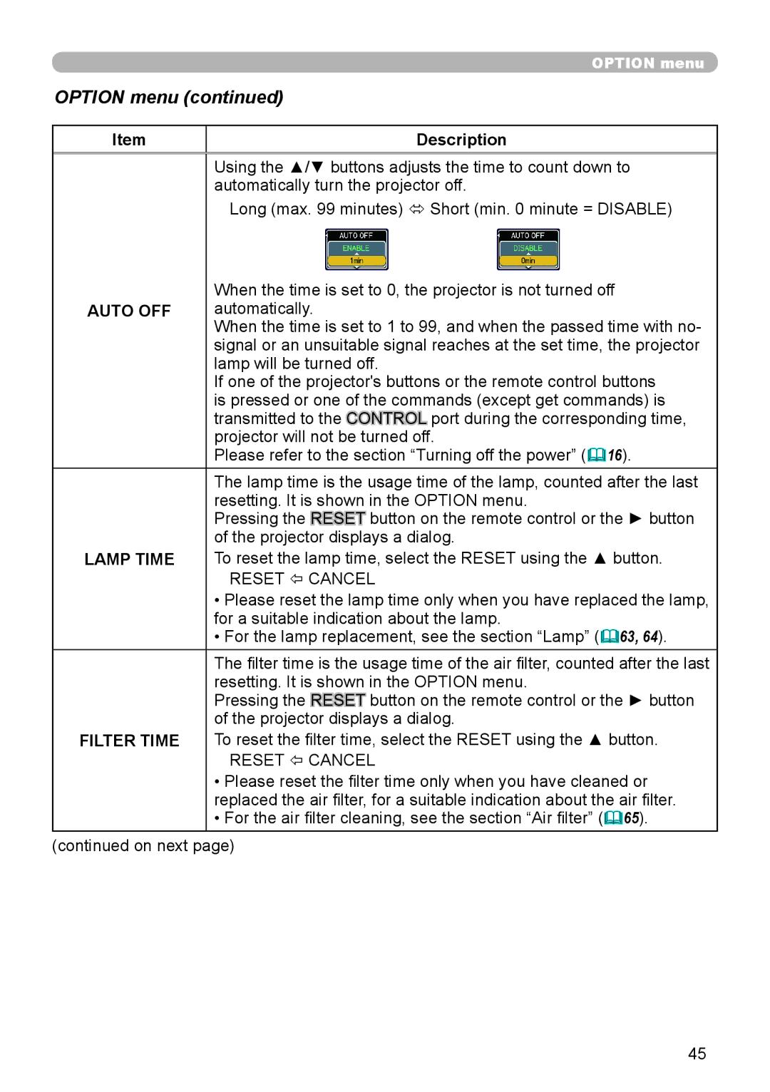 Dukane 9136 user manual Option menu, Auto OFF, Lamp Time 