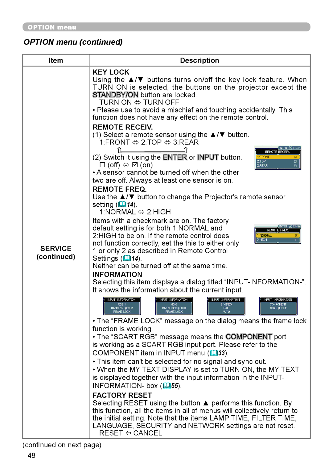 Dukane 9136 user manual KEY Lock, Remote Receiv, Remote Freq, Information, Factory Reset 