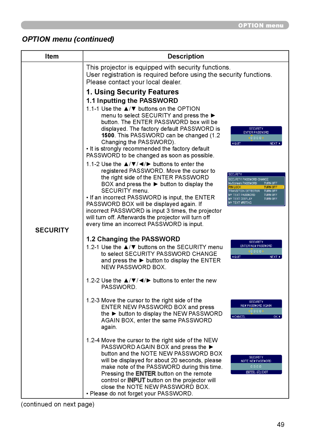 Dukane 9136 user manual Using Security Features, Inputting the Password, Changing the Password 