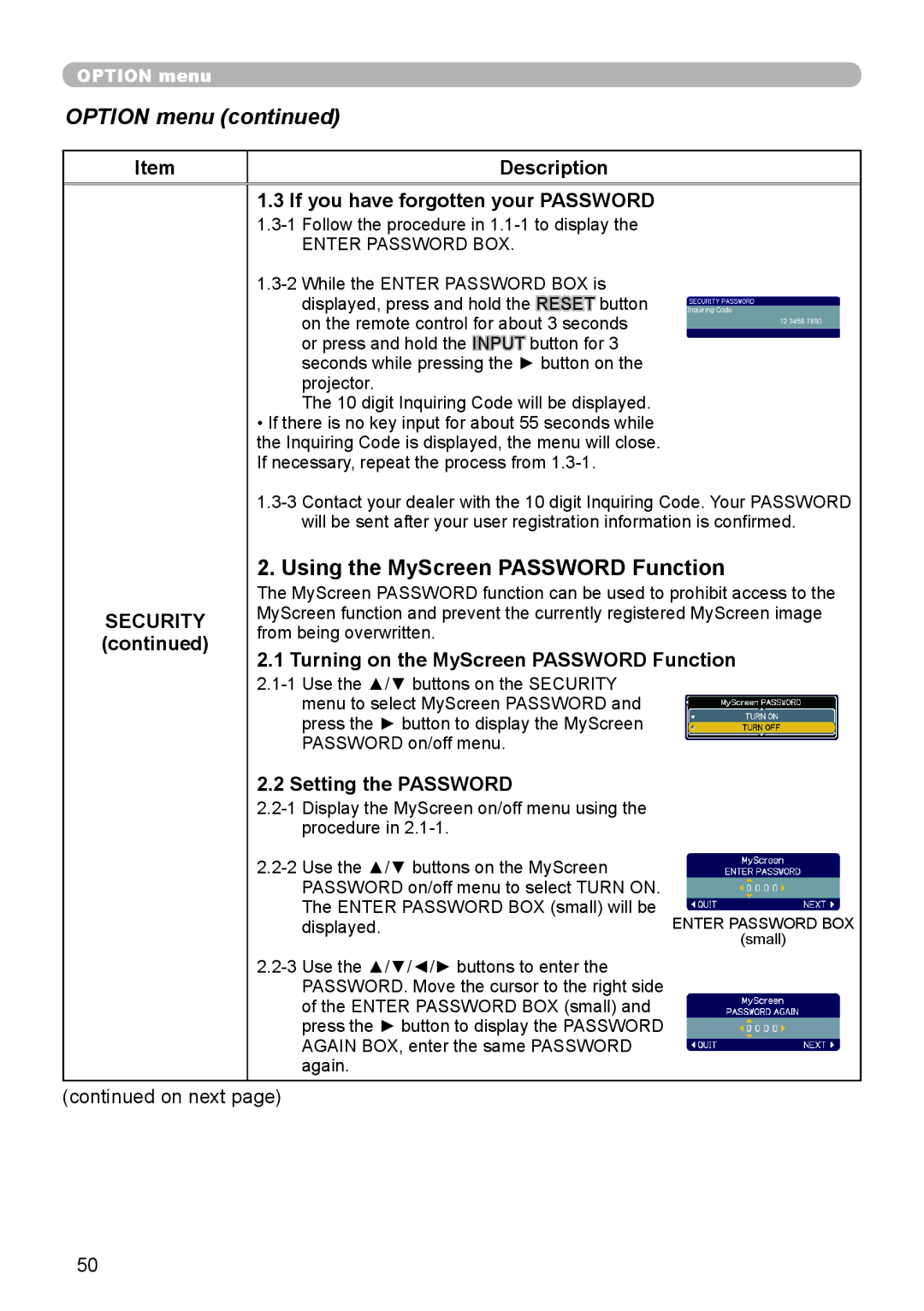 Dukane 9136 user manual Using the MyScreen Password Function, If you have forgotten your Password, Setting the Password 