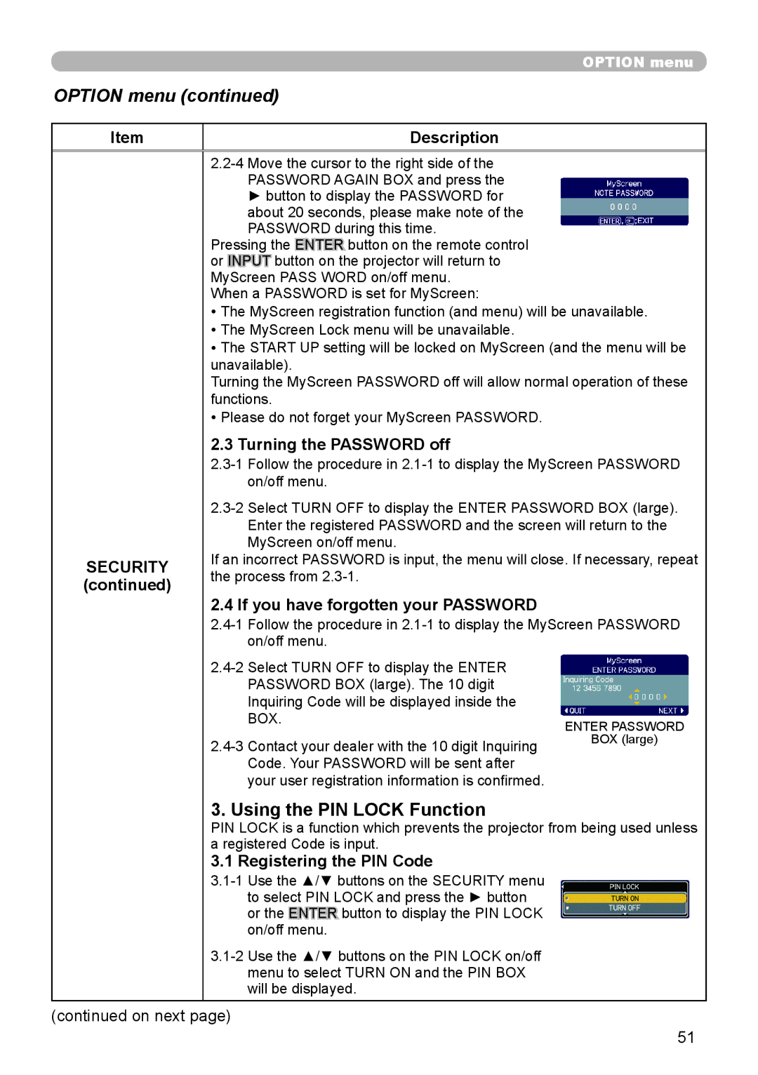 Dukane 9136 Using the PIN Lock Function, Description Security, Turning the Password off, Registering the PIN Code 