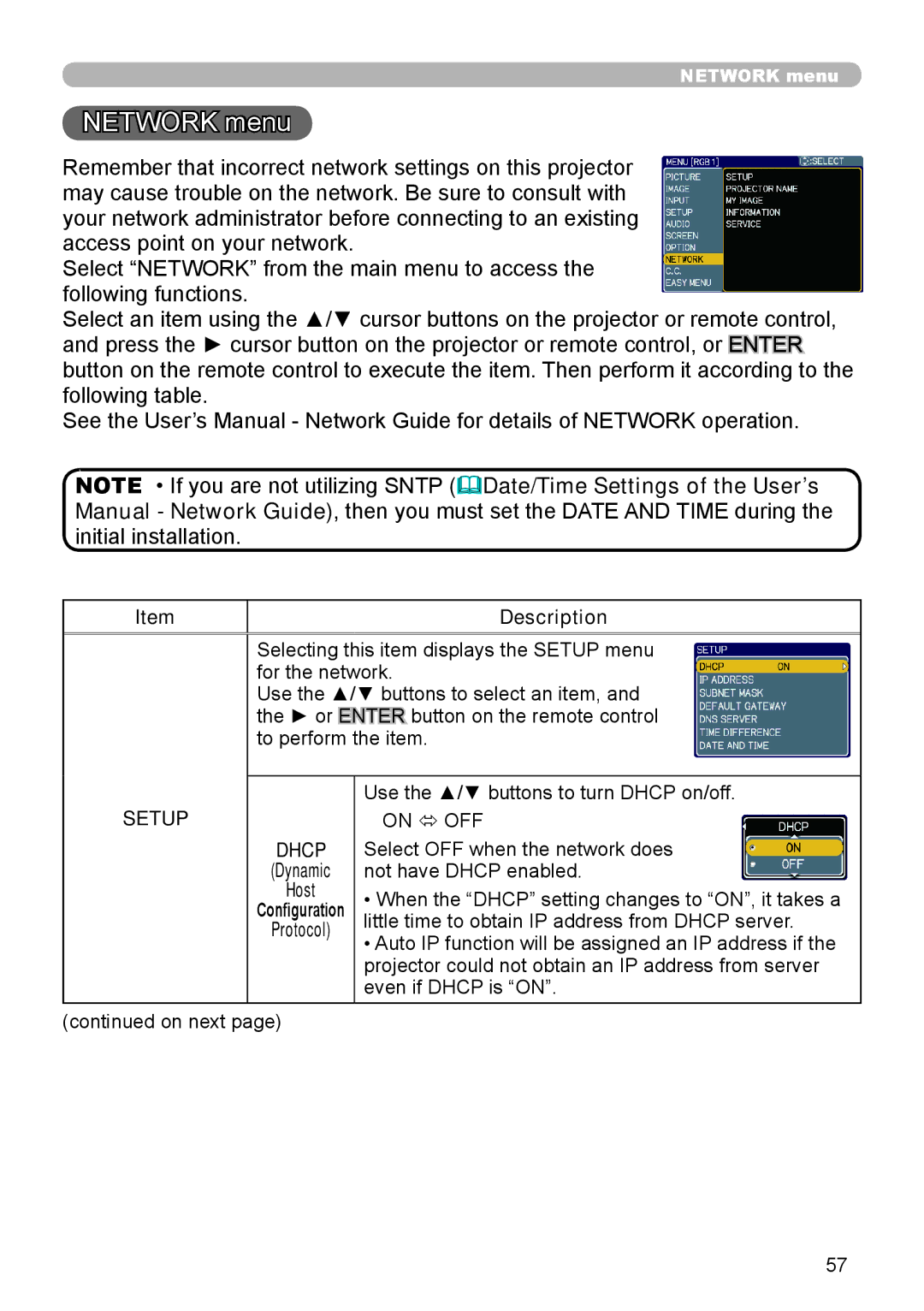 Dukane 9136 user manual Network menu, Setup 