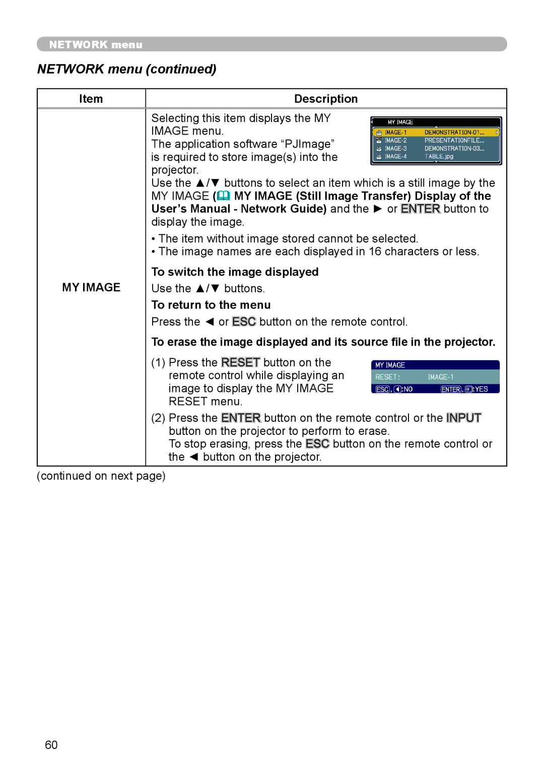 Dukane 9136 user manual MY Image, To switch the image displayed, Use the / buttons, To return to the menu 