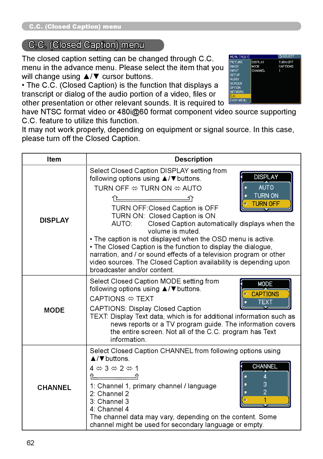 Dukane 9136 user manual Closed Caption menu, Display, Mode, Channel 