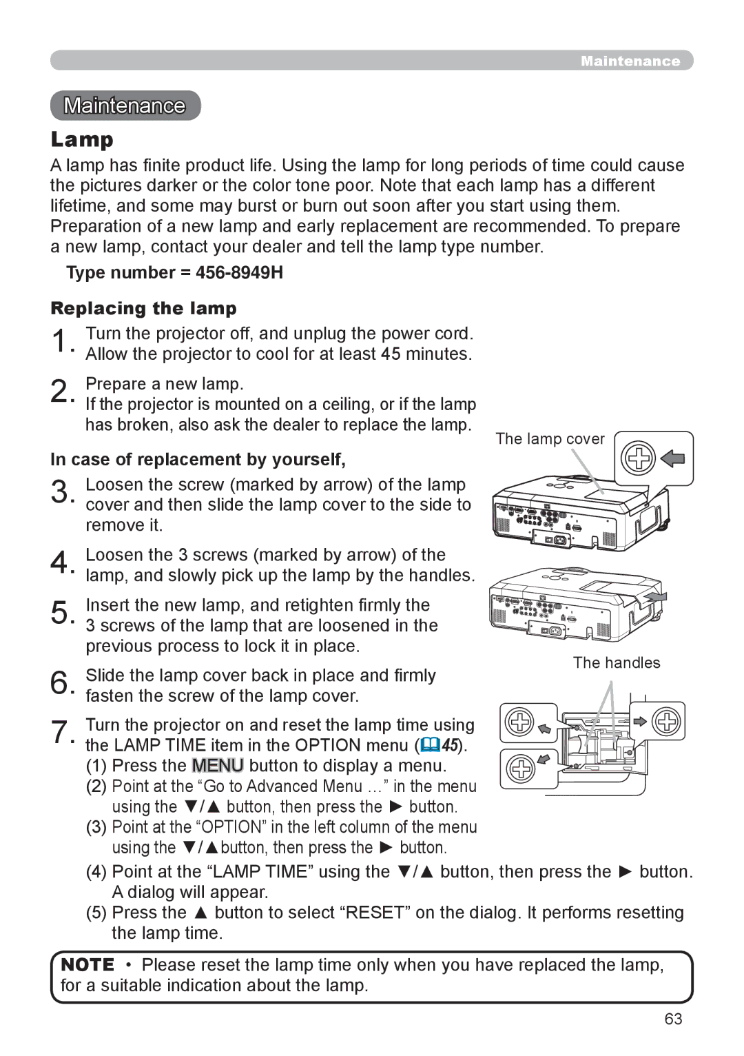 Dukane 9136 user manual Maintenance, Lamp, Type number = 456-8949H Replacing the lamp, Case of replacement by yourself 